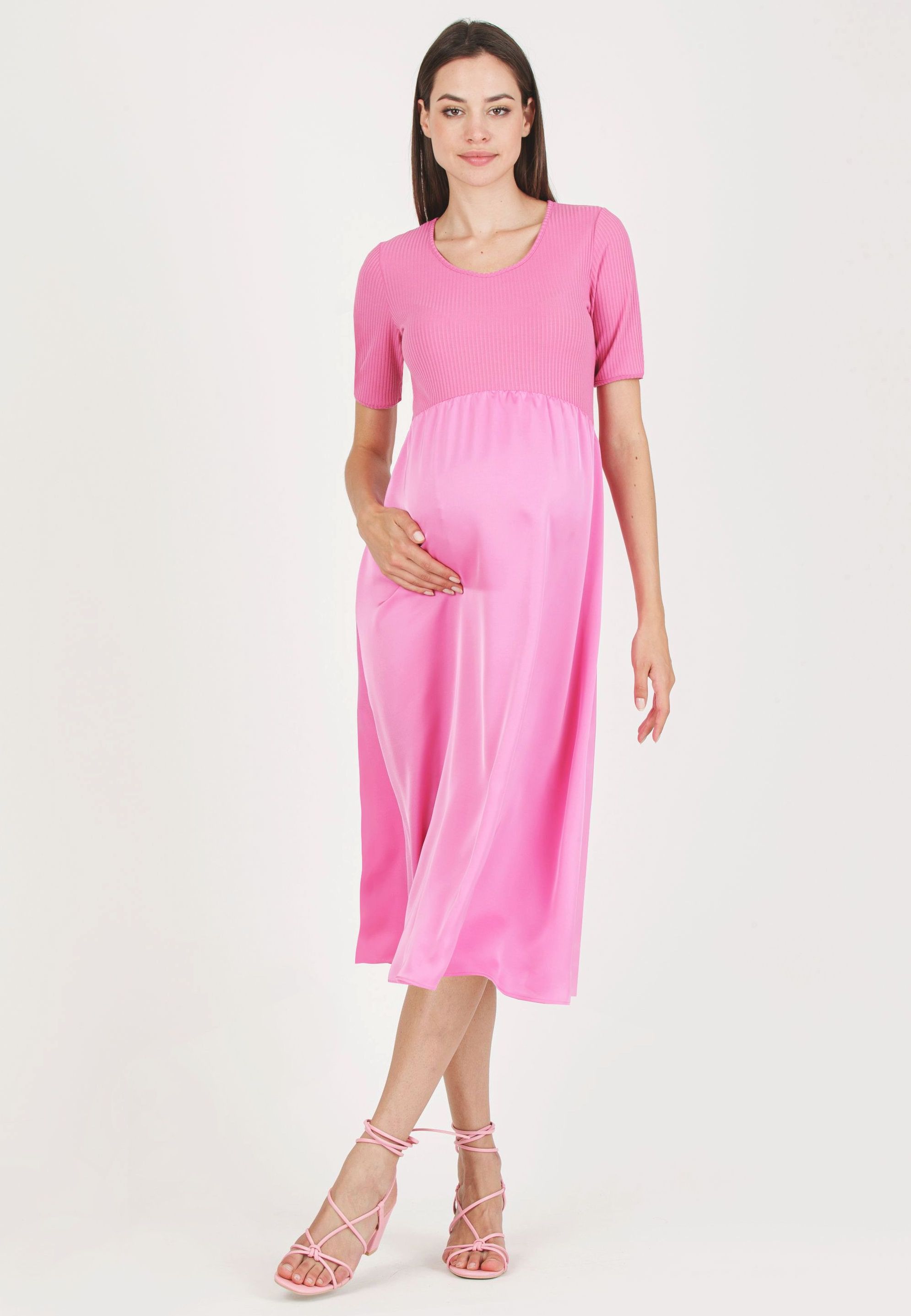 NASTIA - Abito Premaman in Costina con Gonna in Raso (Rosa, XS)