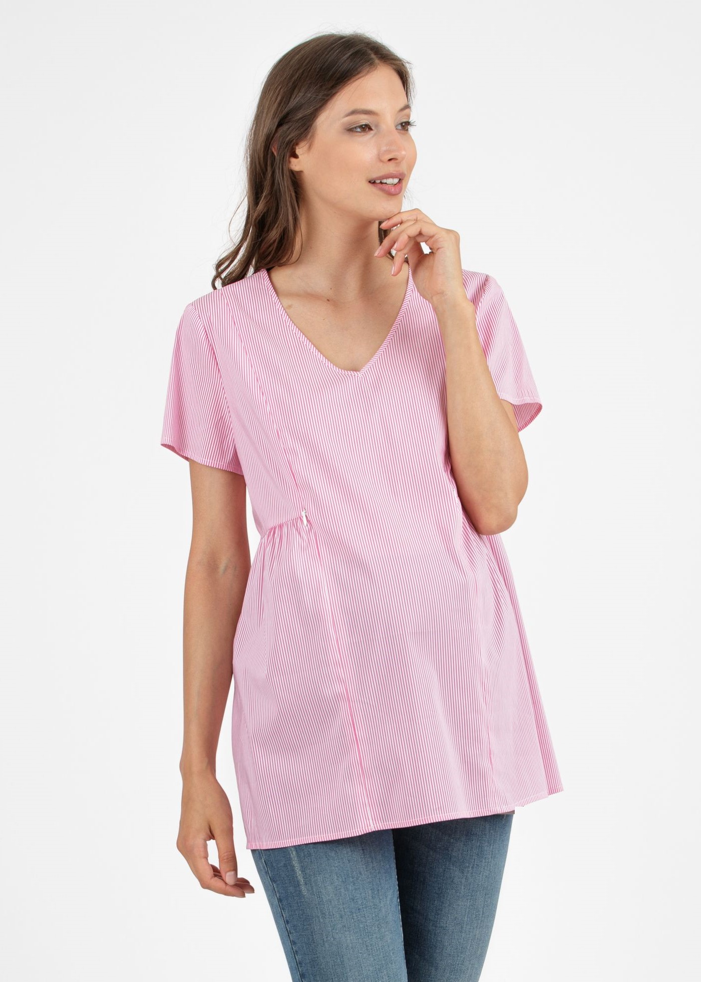 Striped Maternity & Nursing Blouse in Poplin (Fuxia)
