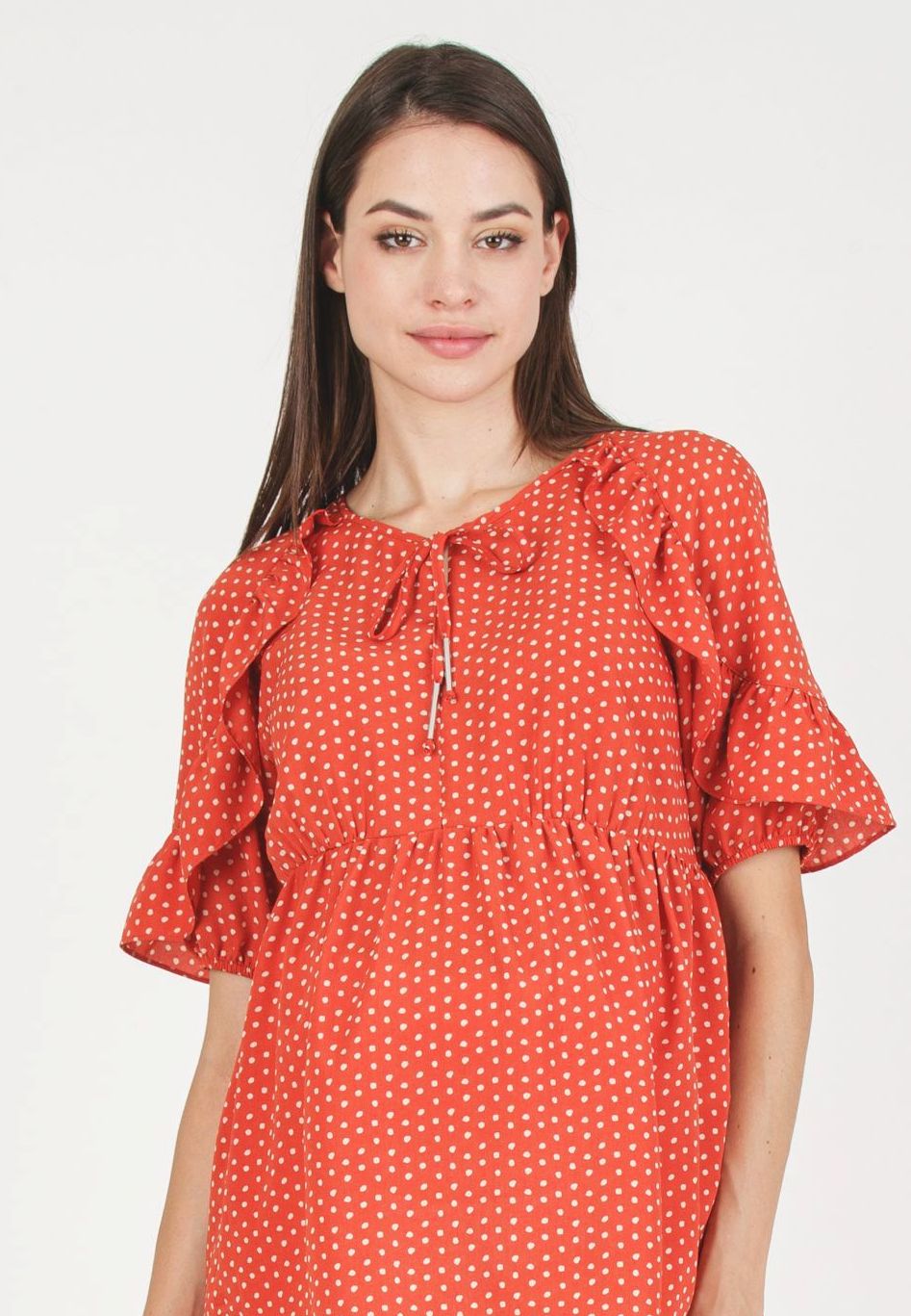 TINA M - Casacca premaman & Allattamento a Pois con Volant (Rosso Mattone)