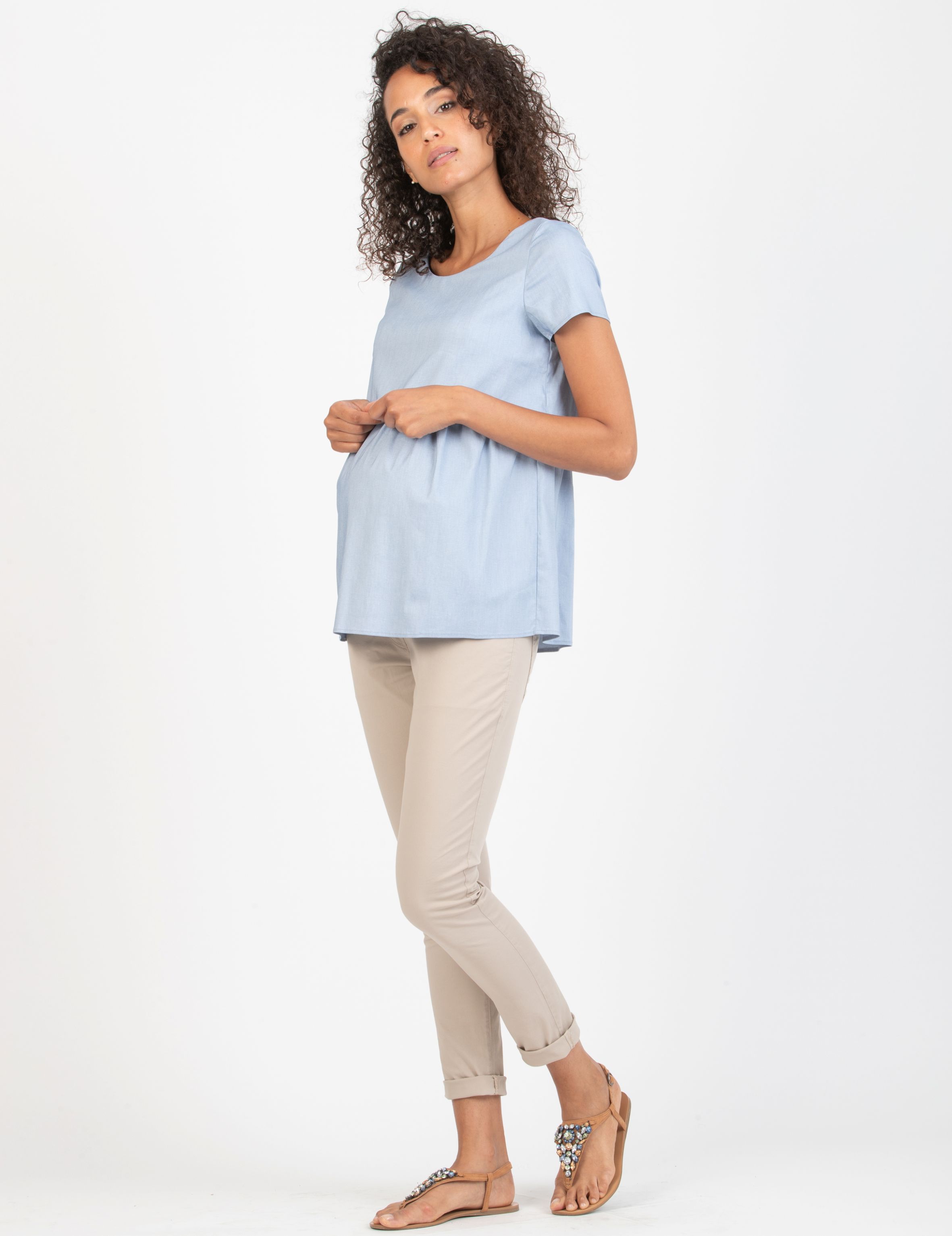 CLAUDIA - Double Layer Maternity & Nursing Blouse in Cotton Bengaline (Blue, XS)