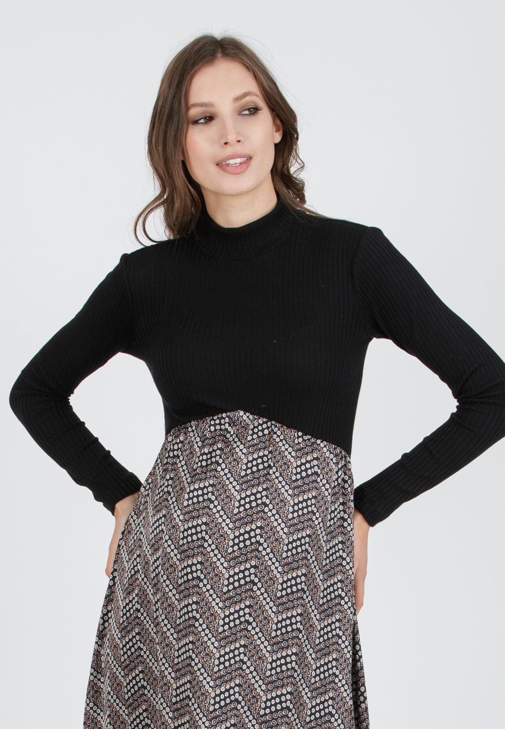 ANASTASIA MIDI - Midi Maternity Dress in Ribbed Knit and Printed Satin (Black, XS)