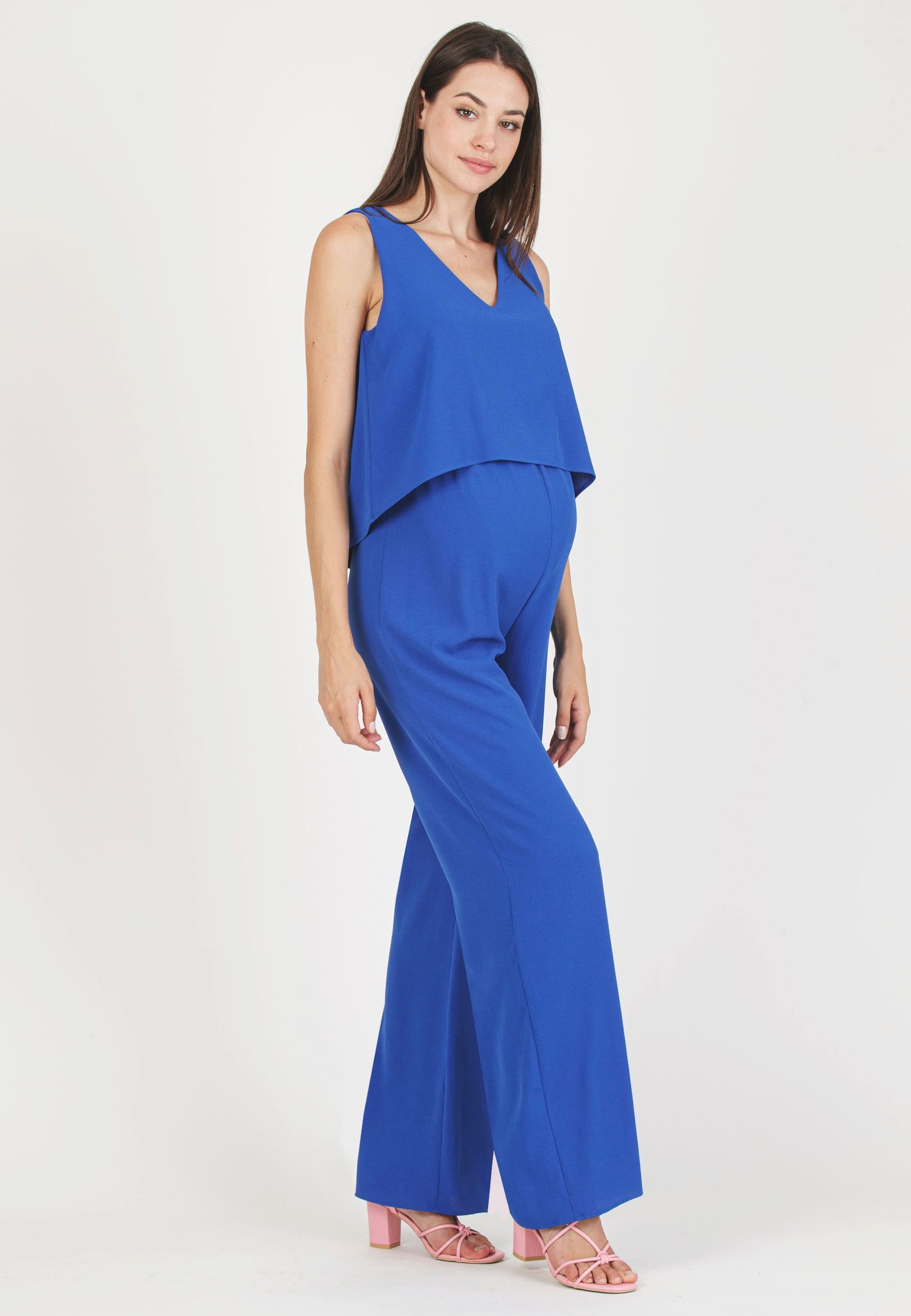 MARION - Tuta Premaman & Allattamento in Crêpe con Corpino Svasato (Blu Cina)