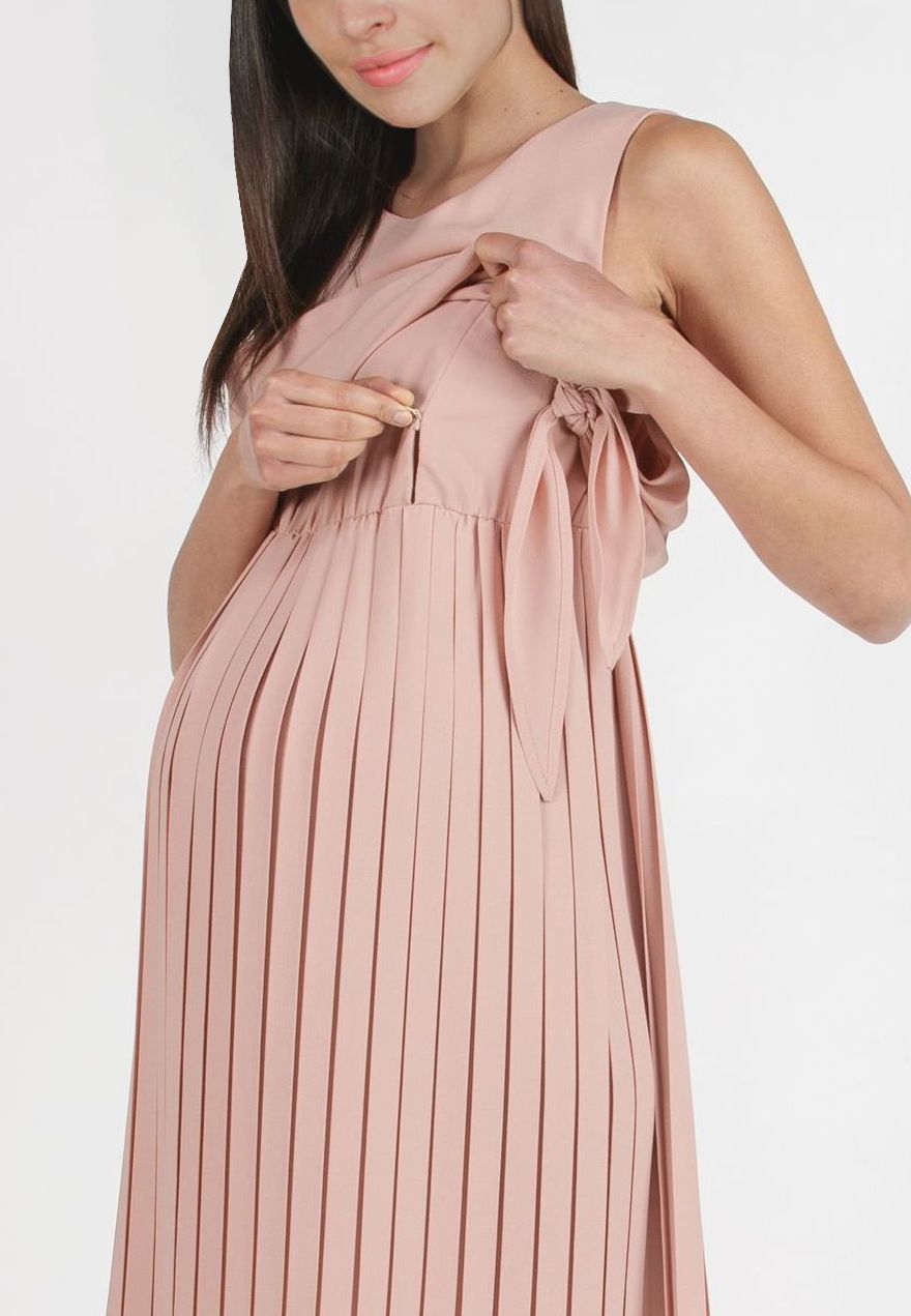 BIANCA - Maternity & Nursing Dress with Pleated Skirt and Buttons at the Back (Powder, XS)