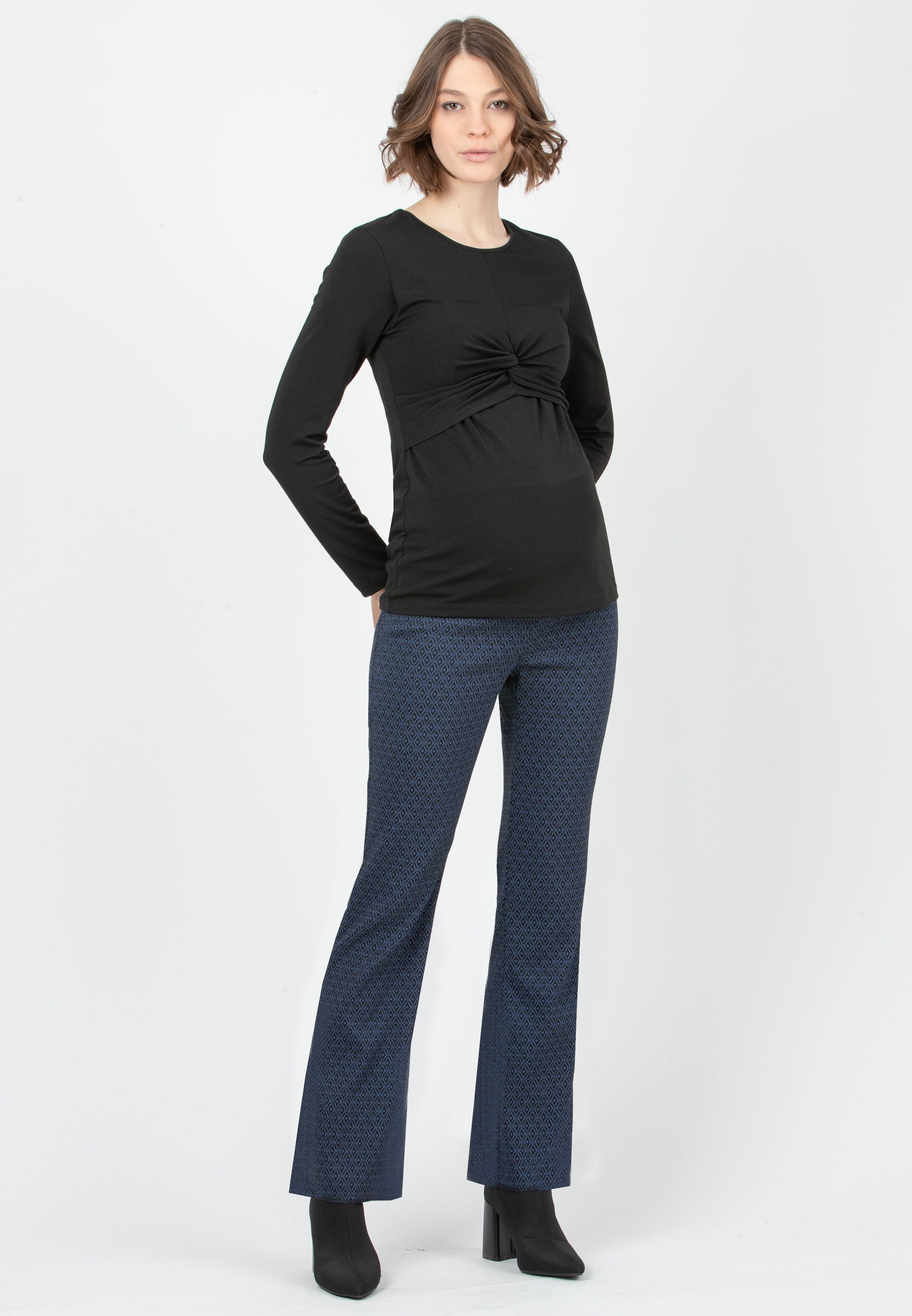 RAMONA - Maternity Flared Trousers in Geometric Jacquard (Blue, XS)