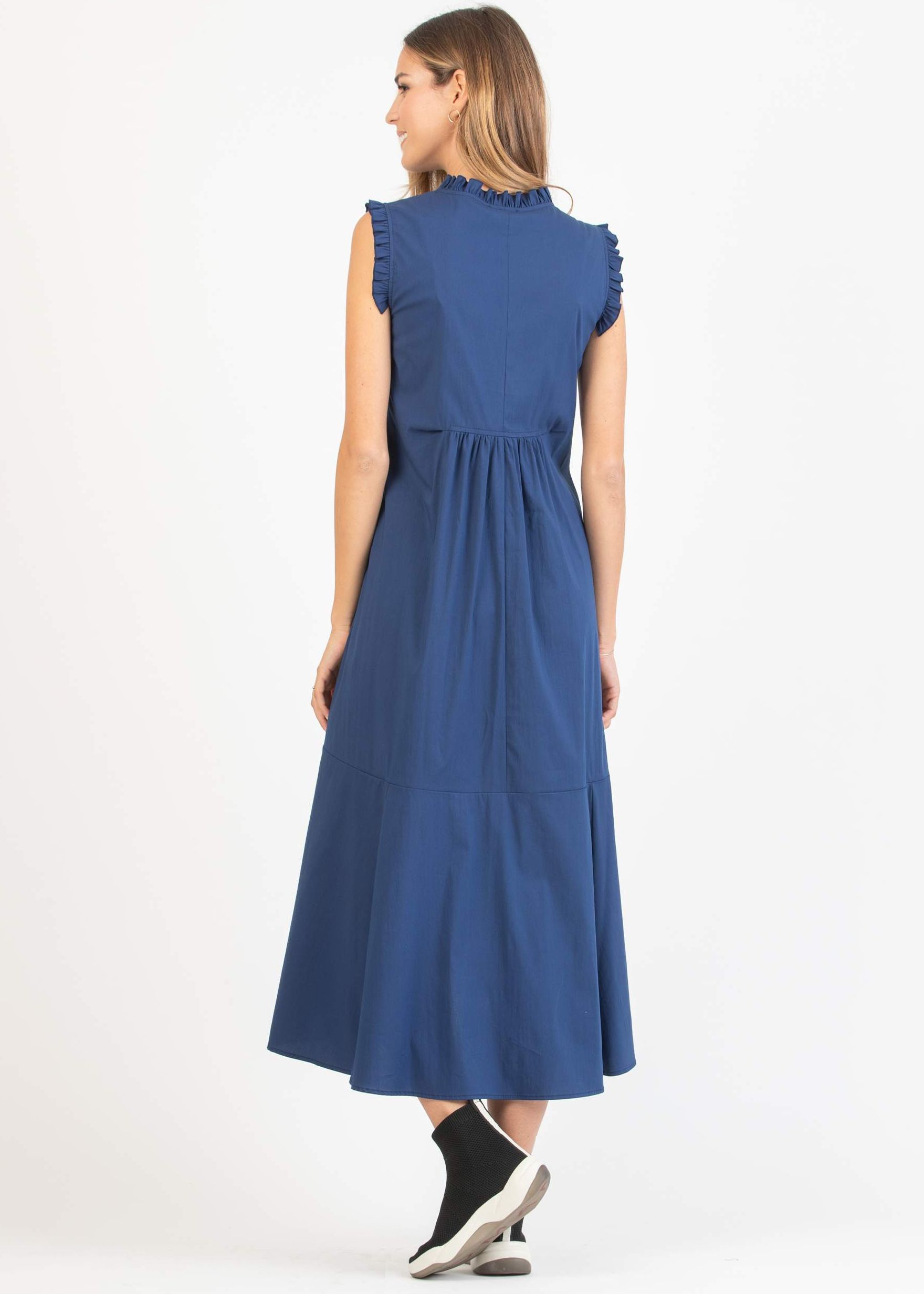 Midi Maternity Dress in Cotton Poplin with Frill Trims (Blue, XS)