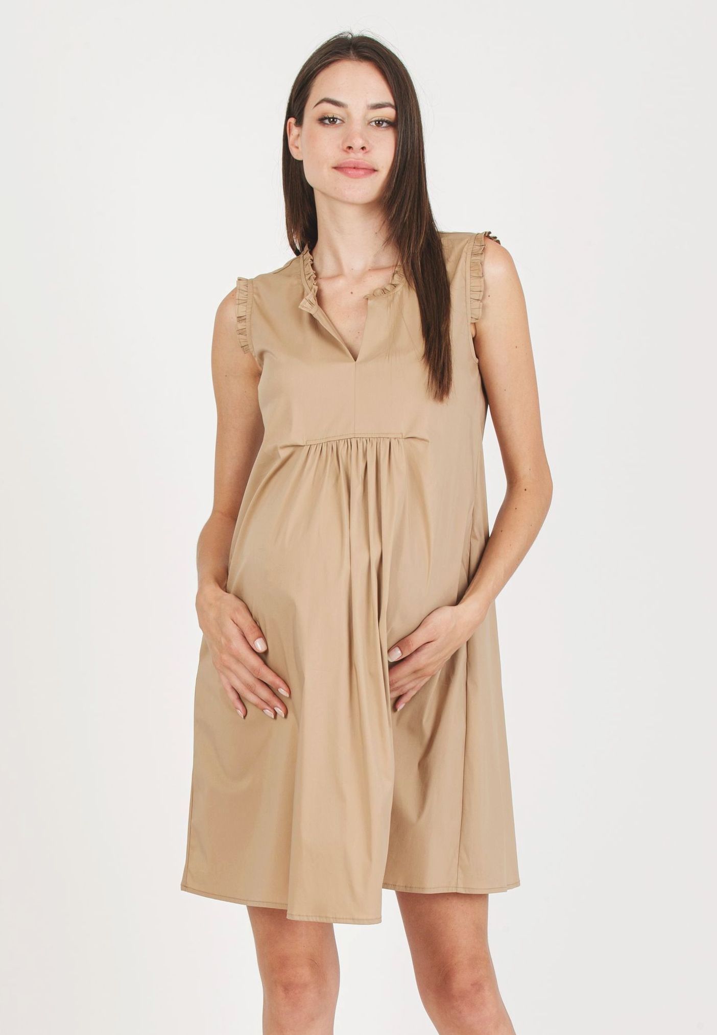 SOFIA - Maternity Dress in Stretch Cotton with Ruffles (Camel, XS)