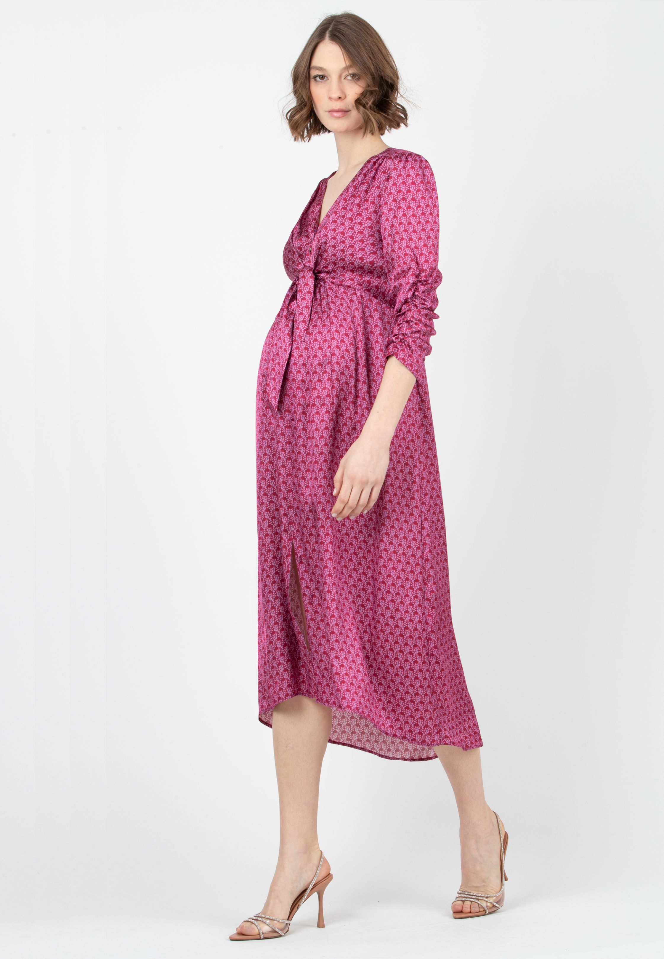 BELEN M/L - Abito Premaman & Allattamento in Raso Stampato con Corpino Annodato e Maniche 3/4 (Rosso India, XS)