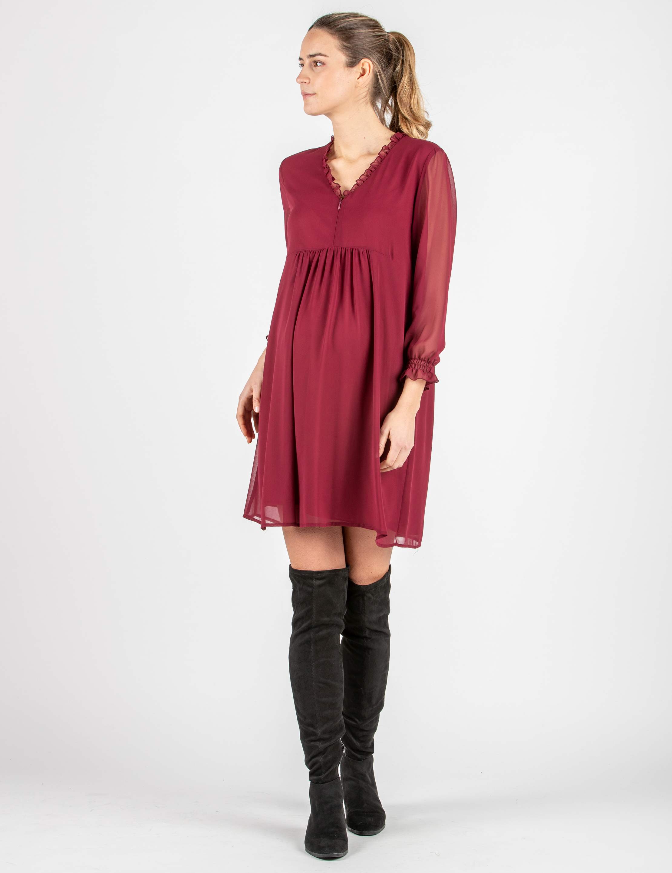 DIANA - Chiffon Maternity & Nursing Dress with Ruffle Trims on the Neck (Plum, XS)