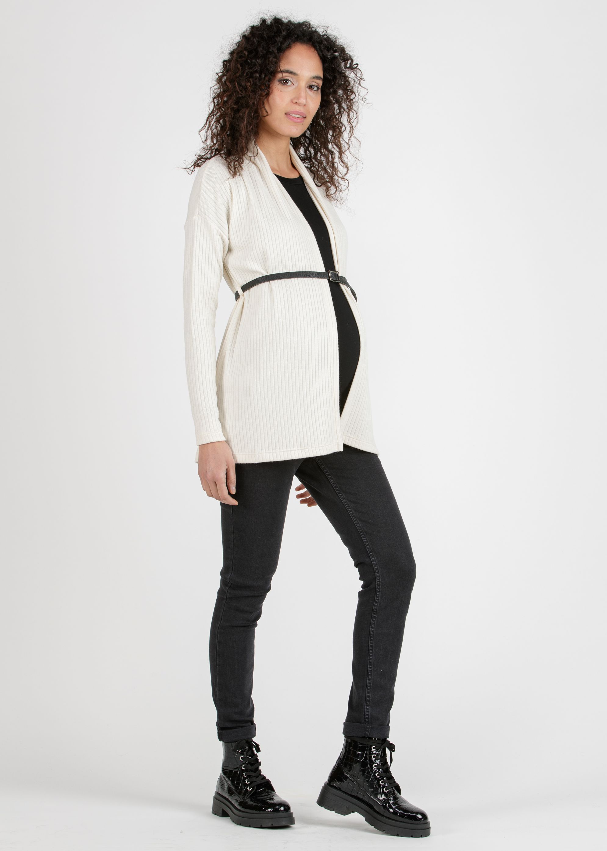 ARIANNA - Cardigan Premaman in Costina con Cintura (Avorio, XS)