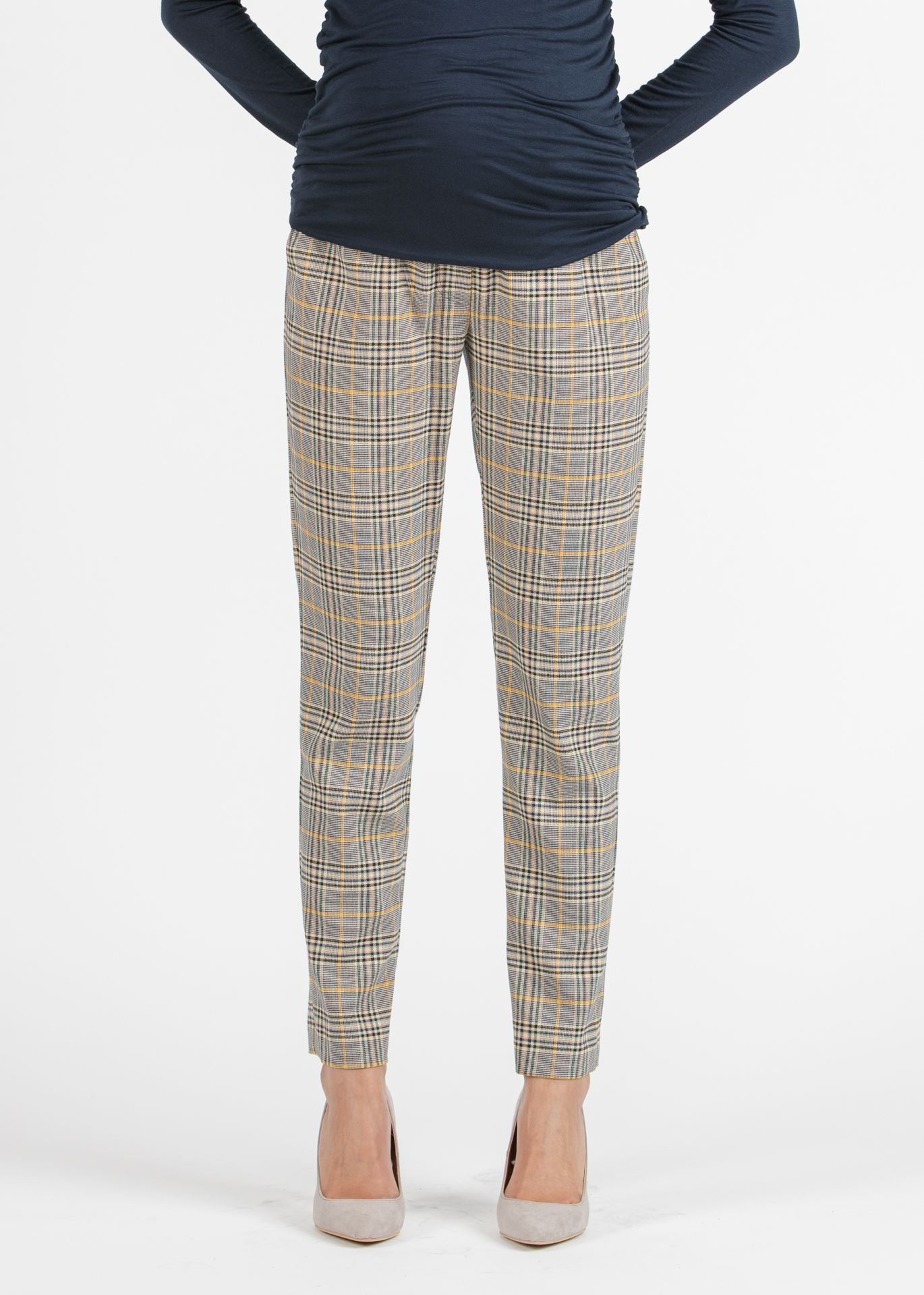 ELISA Q - Pantalone Premaman Slim Fit a Quadri (Blu, XS)