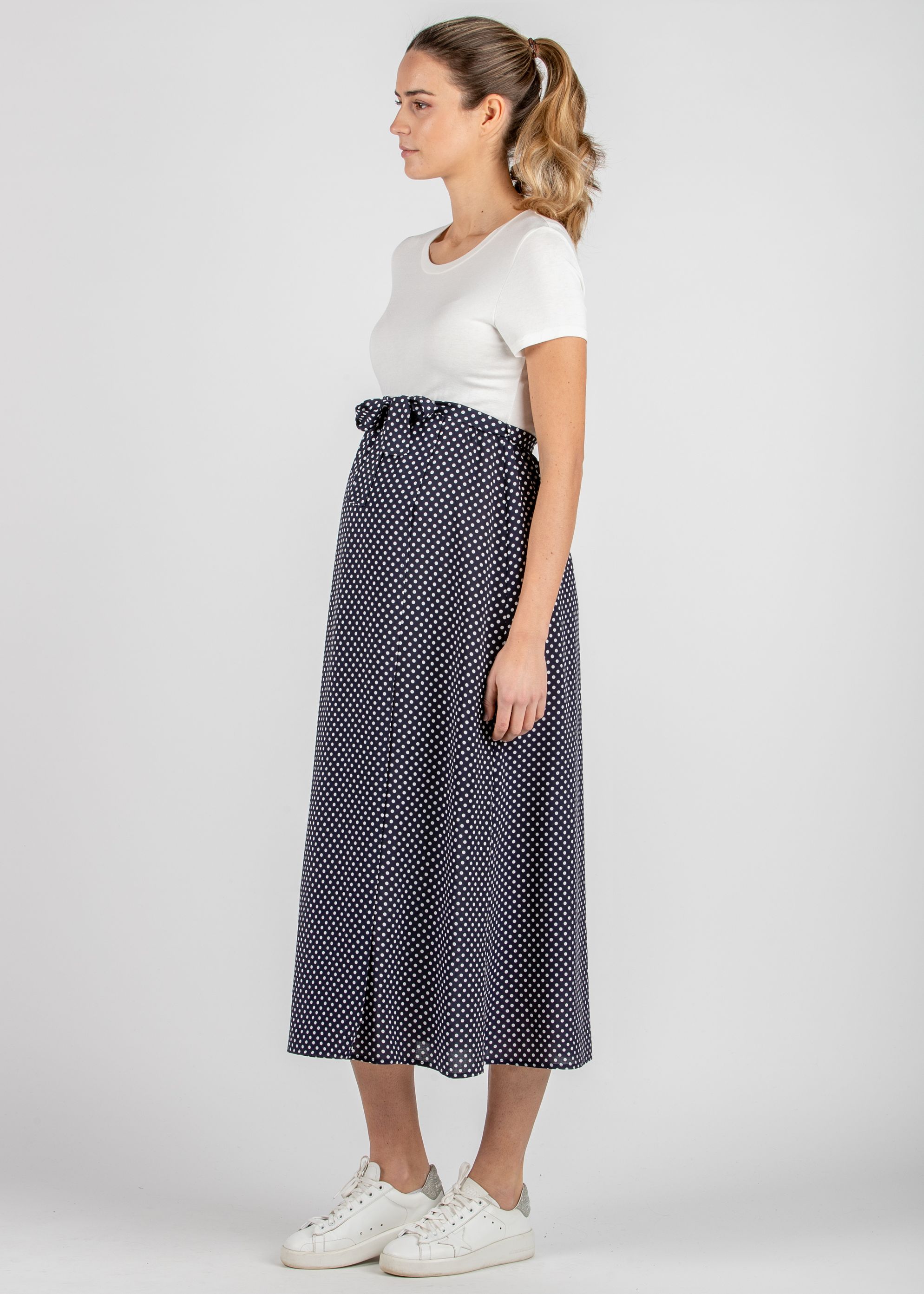 Abito Midi Premaman con Gonna a Pois a Portafoglio (Blu, XS)