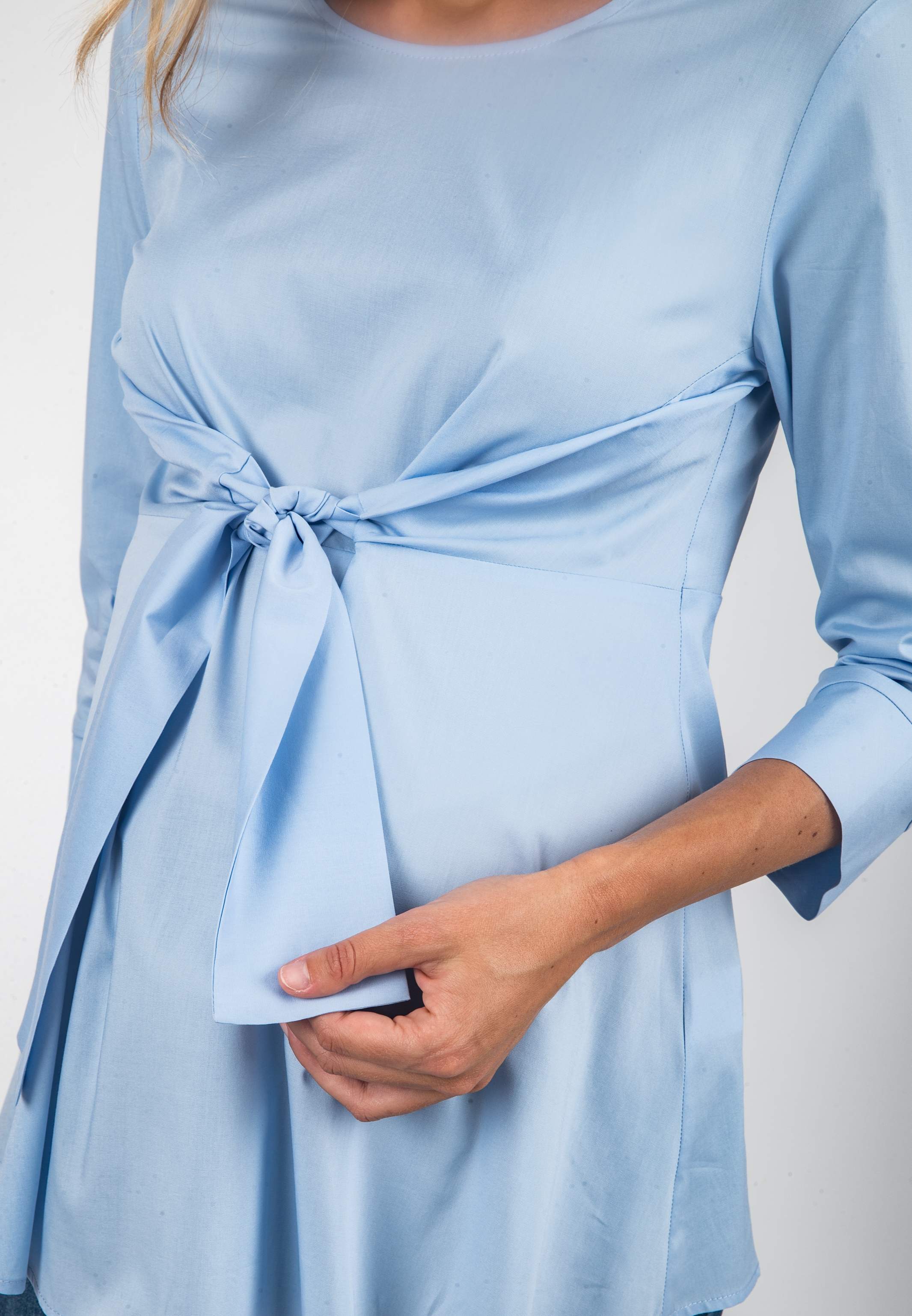 MATILDE - Poplin Maternity Blouse with Front Bow (Blue, XS)