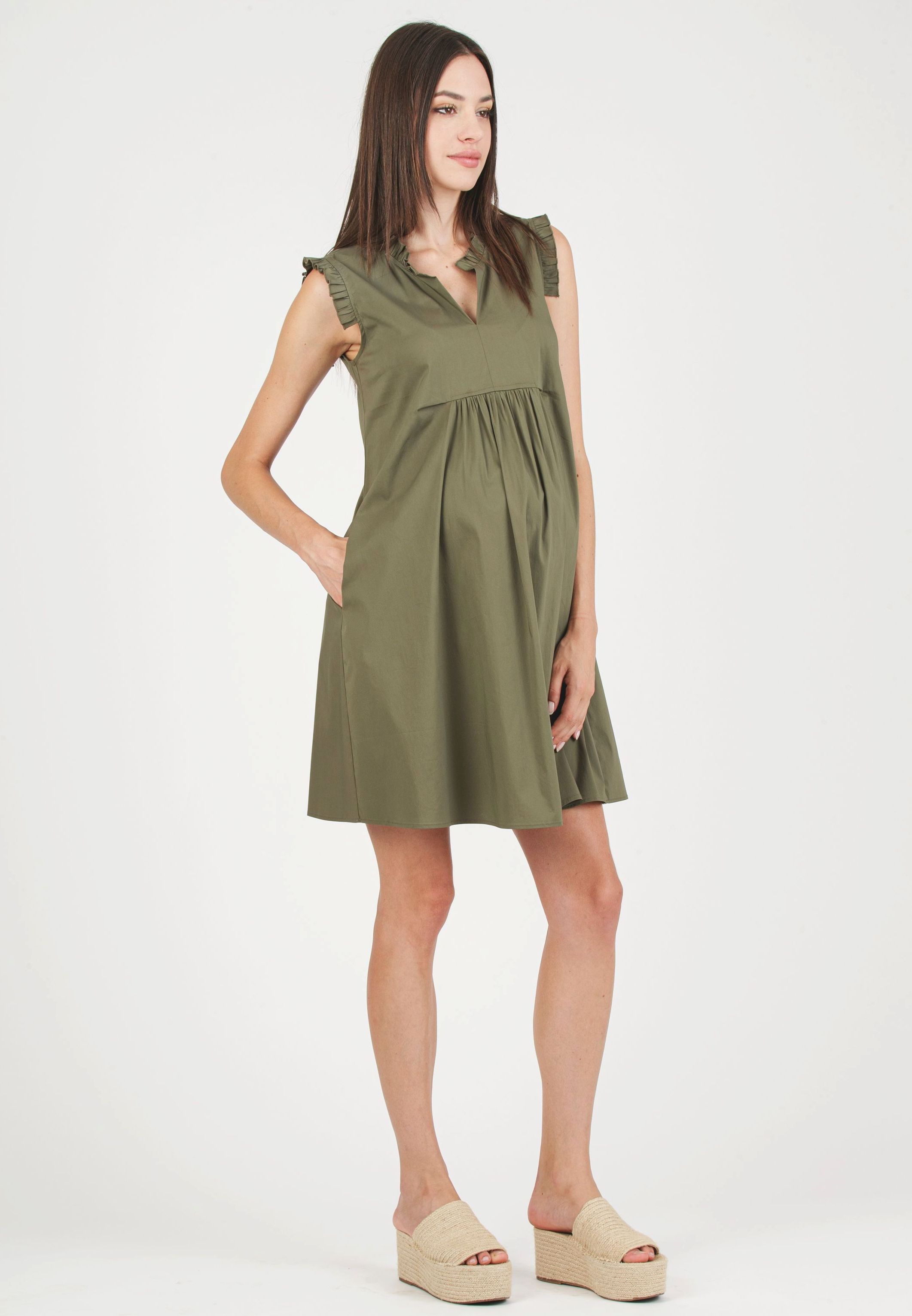 SOFIA - Abito Premaman in Cotone Stretch con Rouches (Verde Militare, XS)