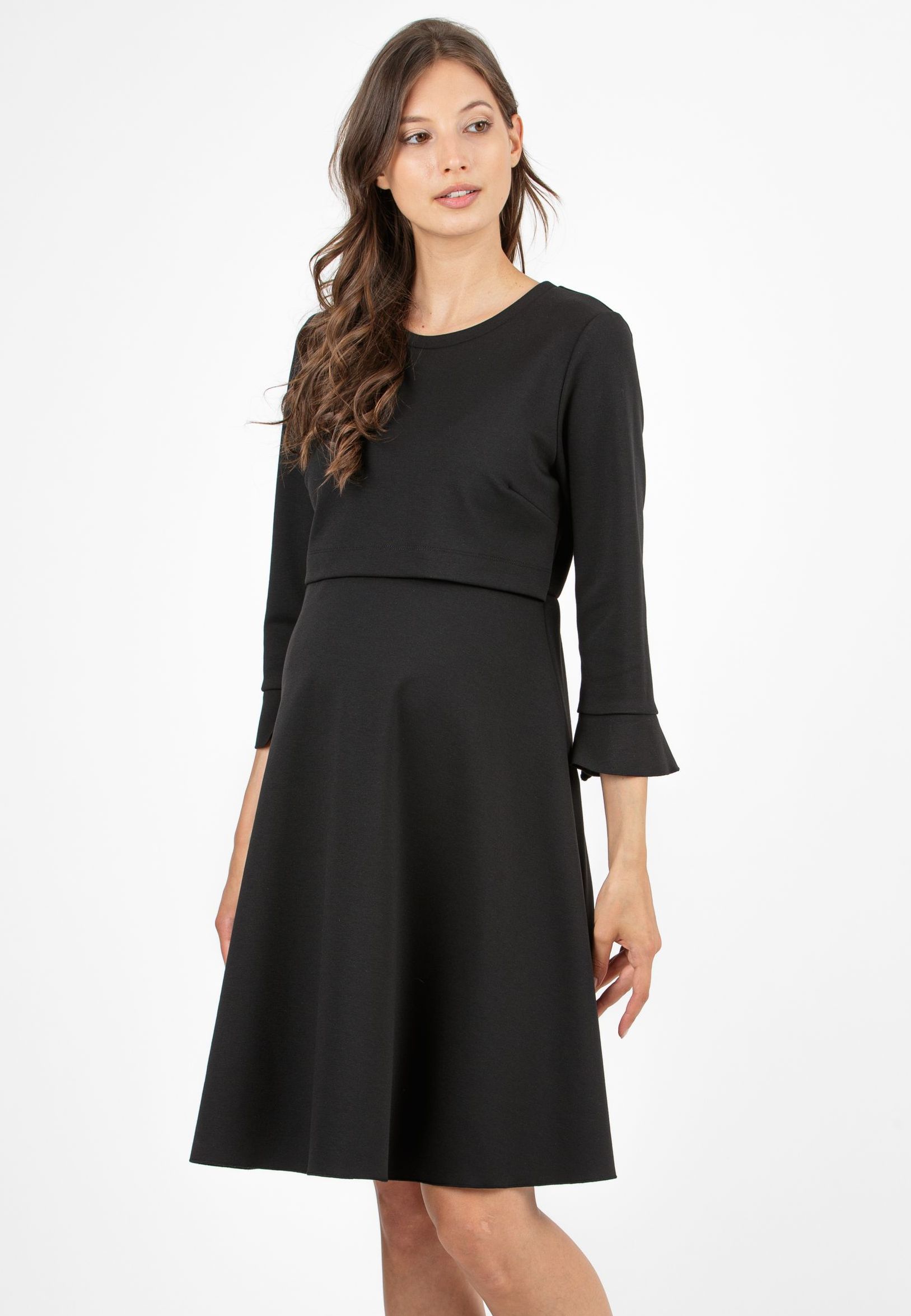 DAFNE – Flared Maternity & Nursing Dress with Back Button Detail (Black, XS)
