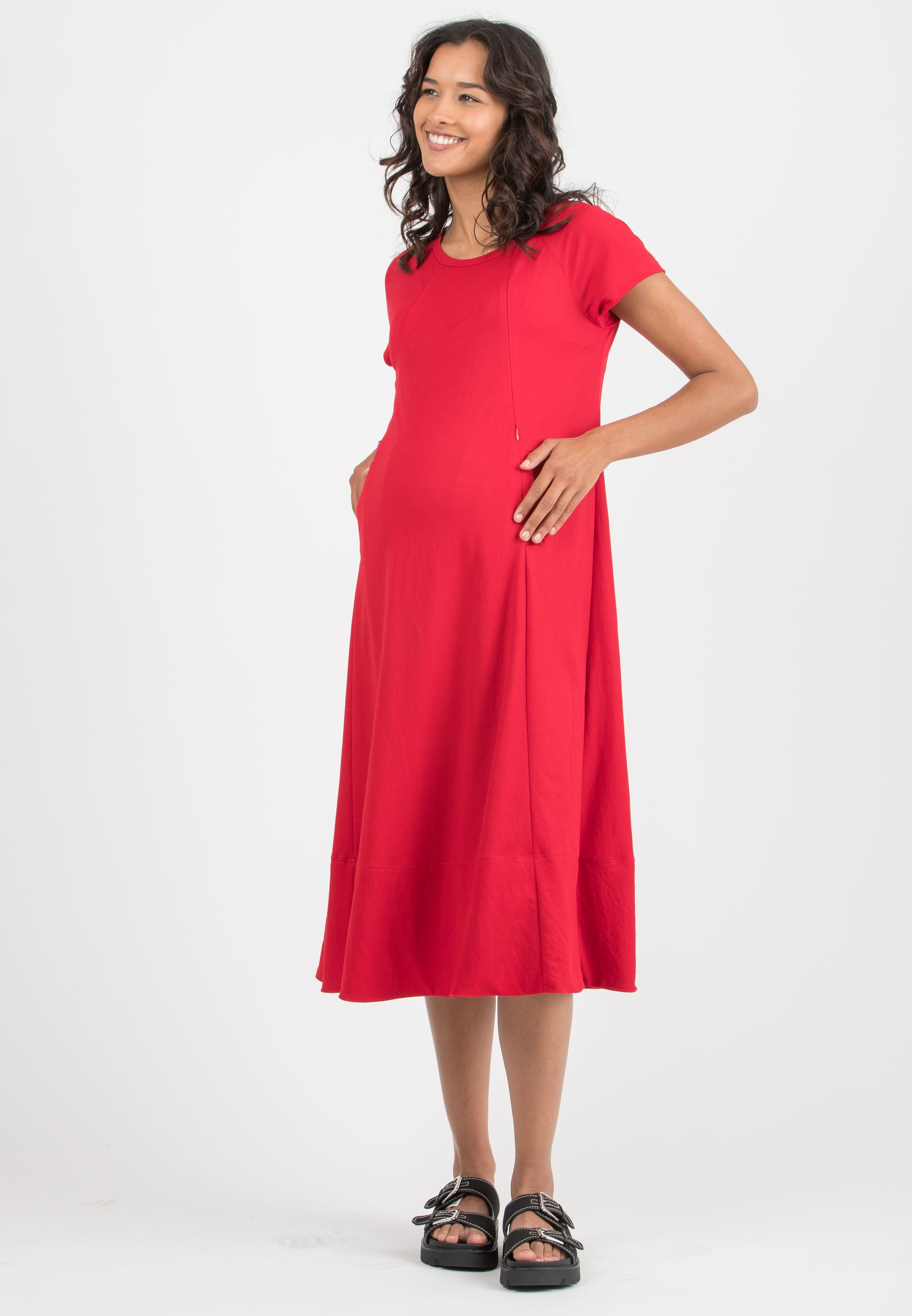 LICIA MIDI - Abito Midi Premaman & Allattamento in Viscosa (Rosso, XS)