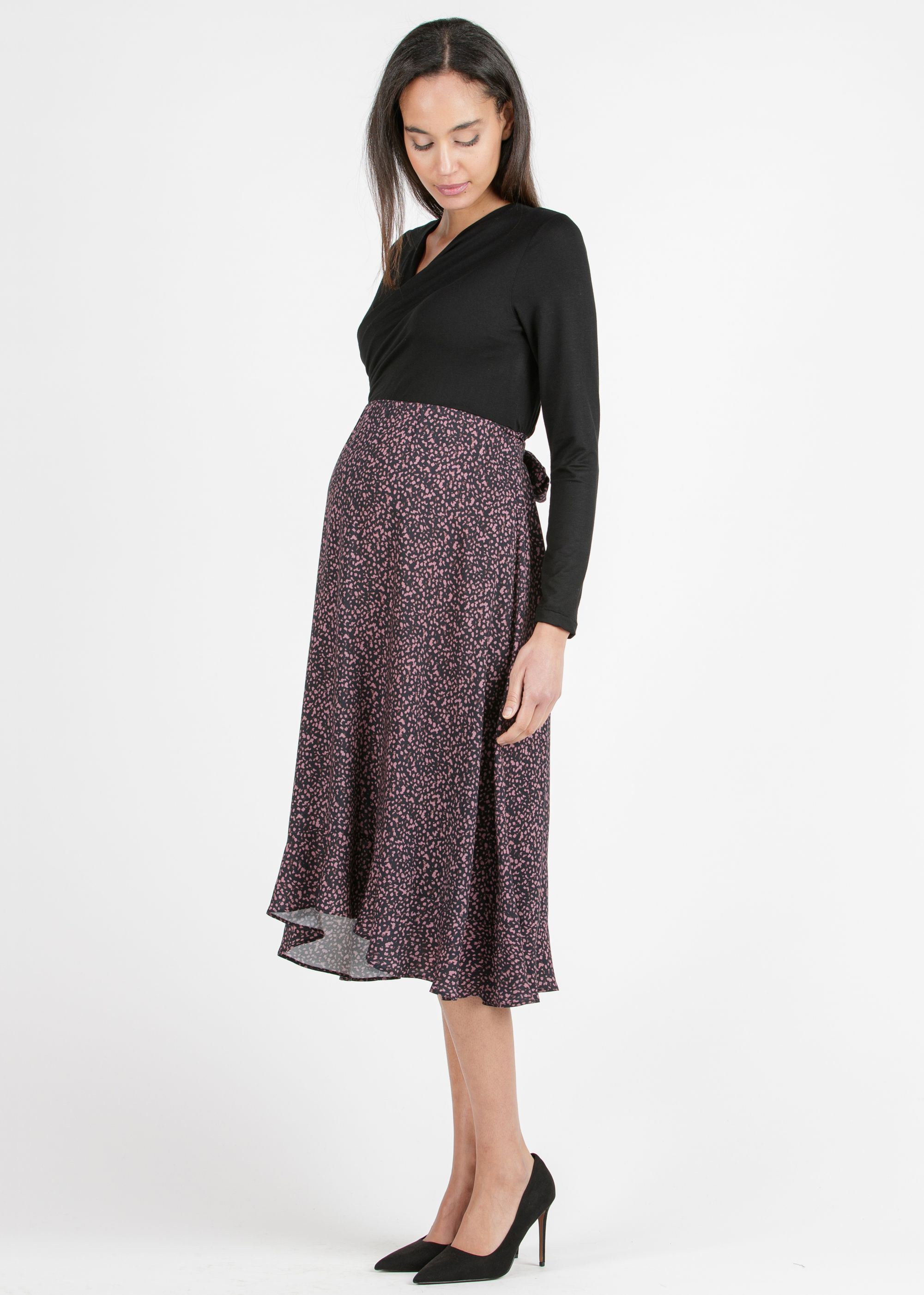 MARTA M/L - Abito Midi Premaman & Allattamento con Gonna Stampata (Rosa, XS)