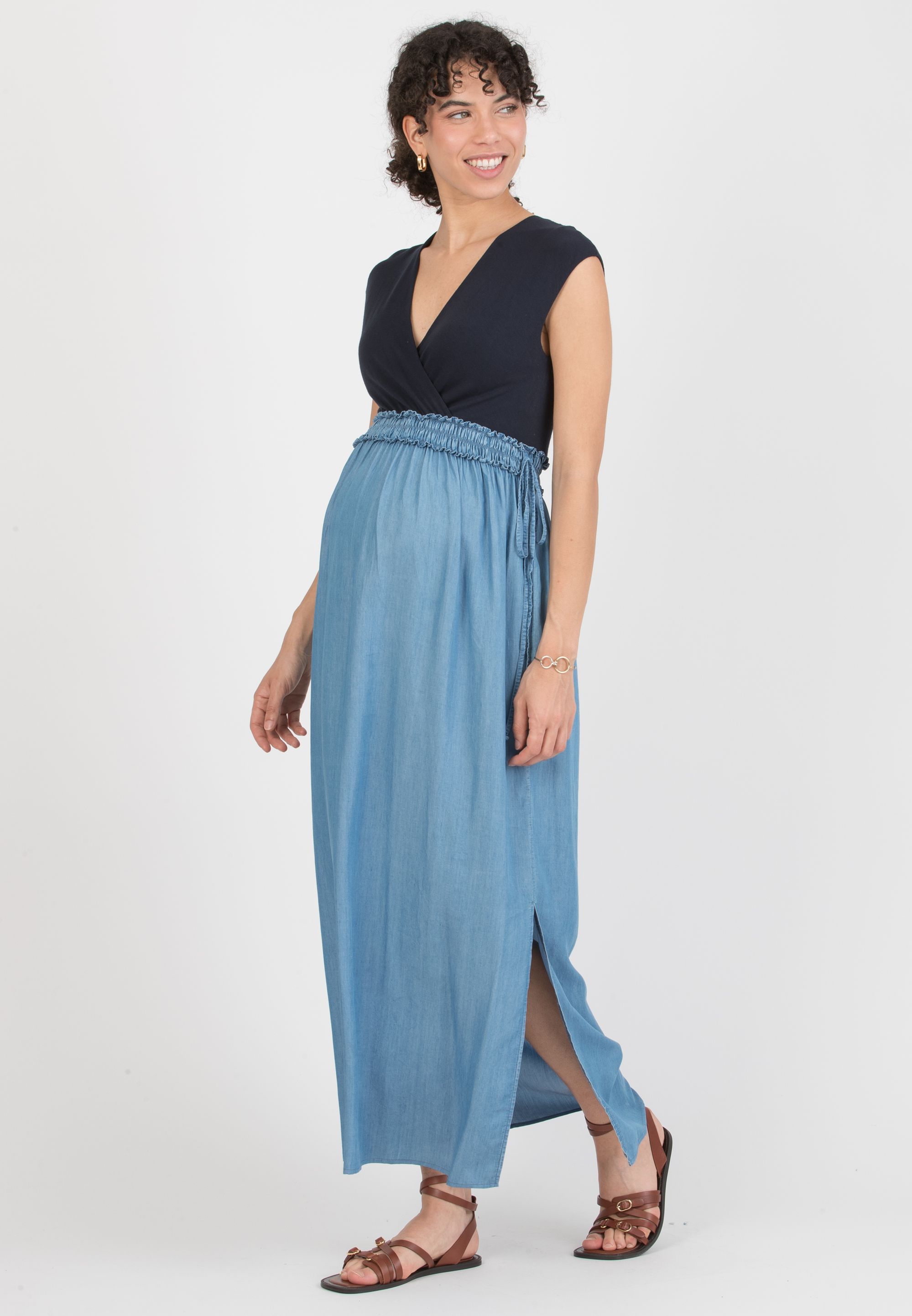 GAIA J - Abito Lungo Premaman & Allattamento in Tencel con Fascia di Elastici (Denim)