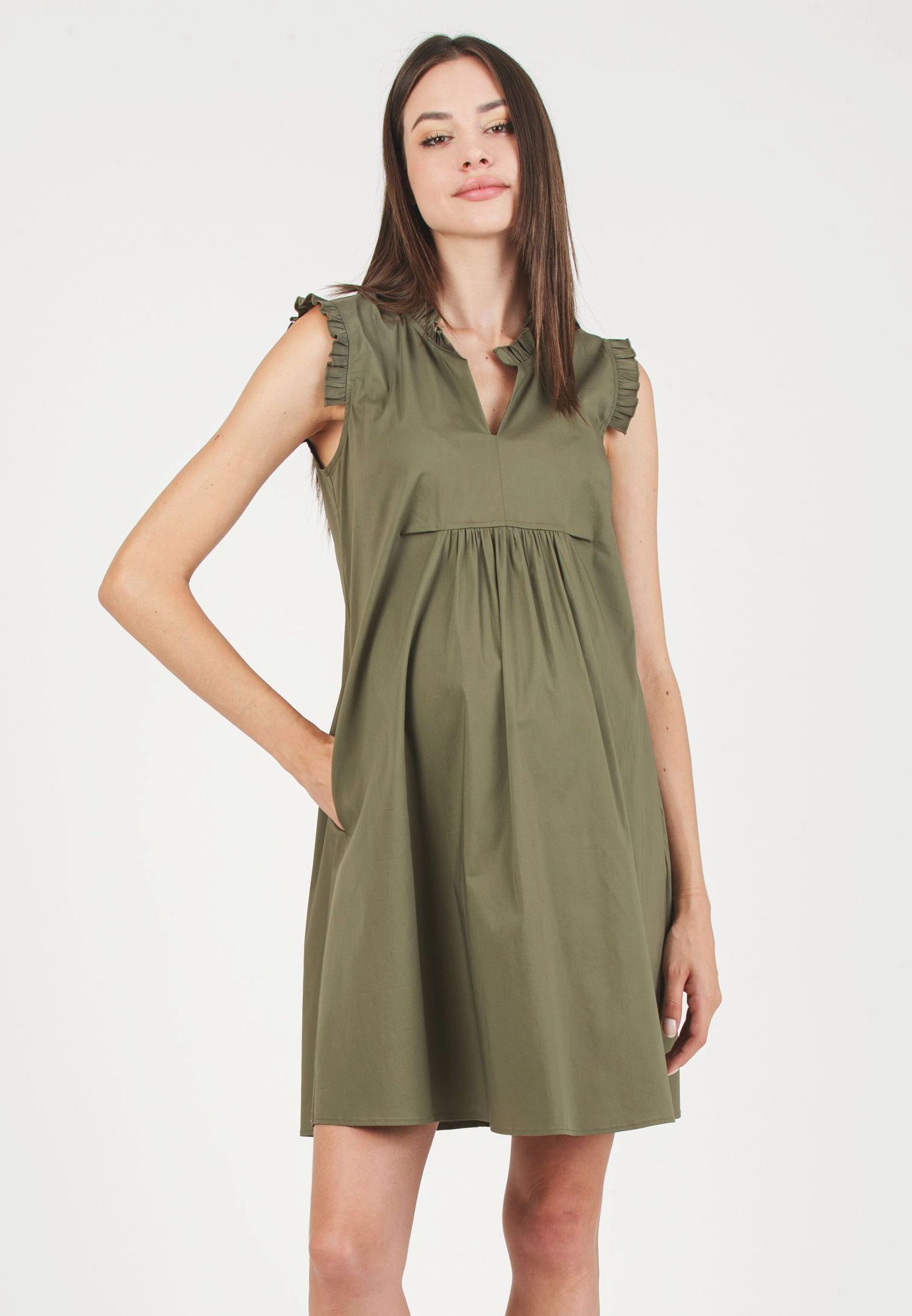 SOFIA - Abito Premaman in Cotone Stretch con Rouches (Verde Militare, XS)