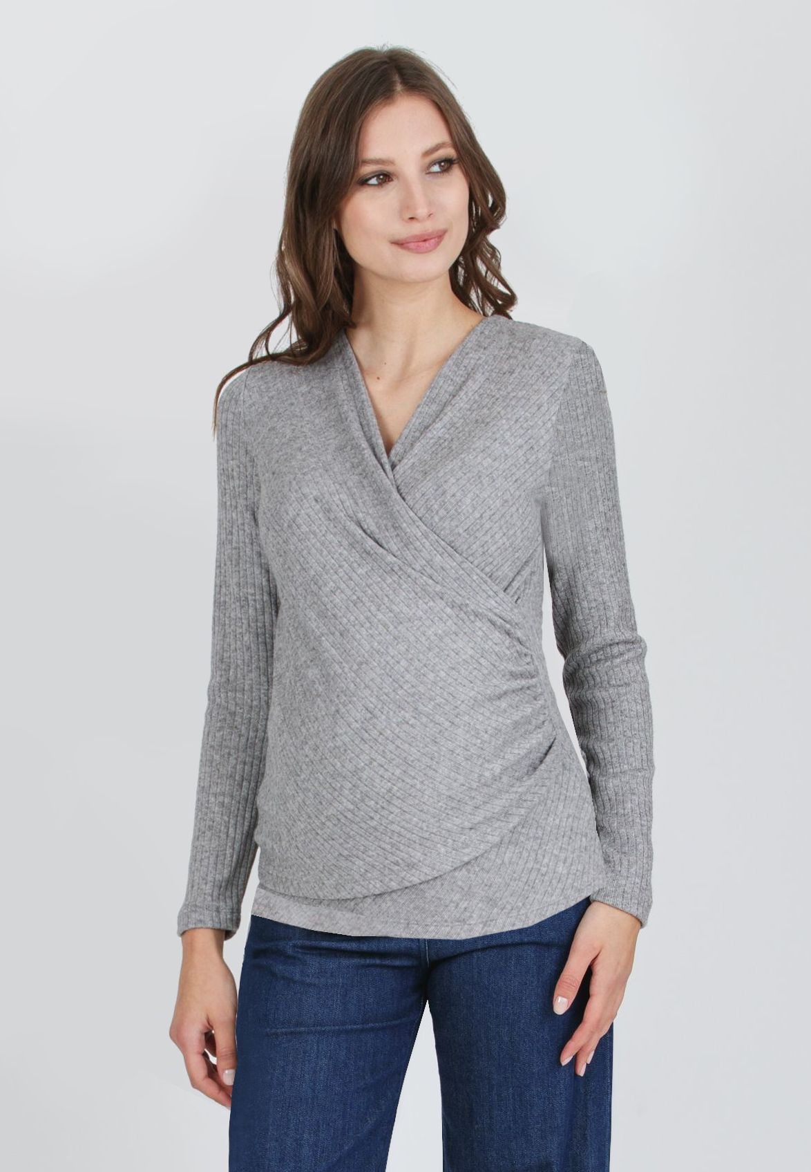 JENNIFER C - Maglioncino Premaman & Allattamento in Costina con Scollo Incrociato (Grigio Melange)