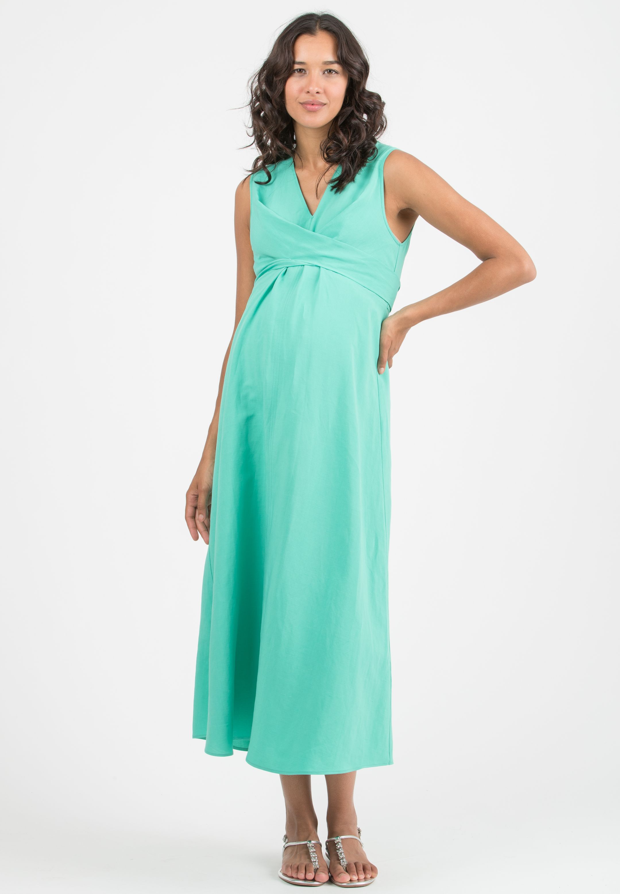 ANNALISA - Abito Premaman & Allattamento in Lino con Fusciacche incrociate (Verde Chiaro)