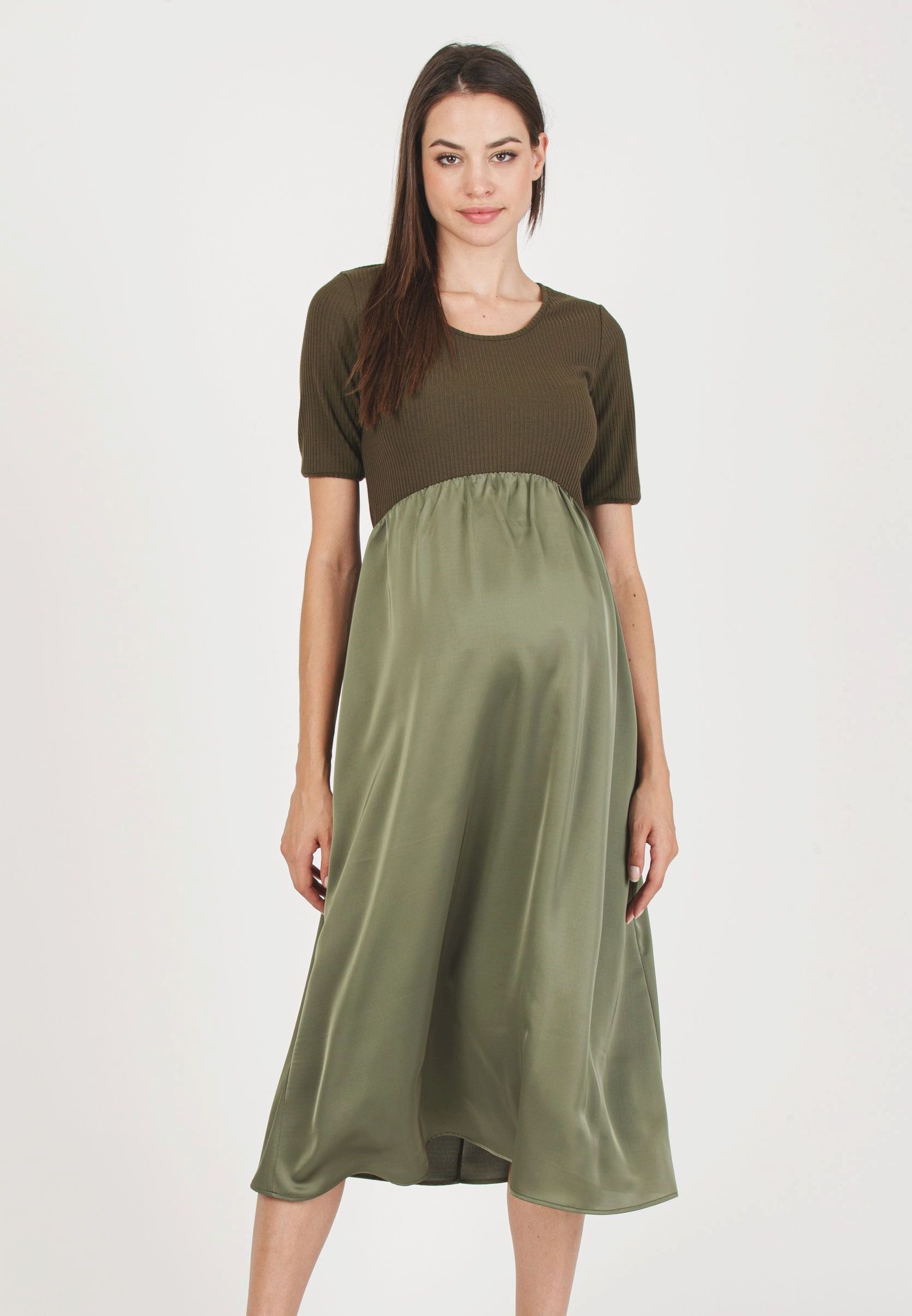 NASTIA - Abito Premaman in Costina con Gonna in Raso (Verde Militare, XS)