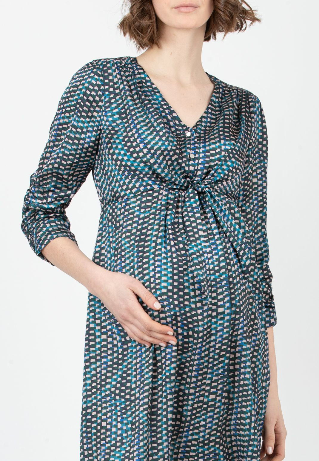 BELEN M/L - Abito Premaman & Allattamento in Raso Stampato con Corpino Annodato e Maniche 3/4 (Verde, XS)