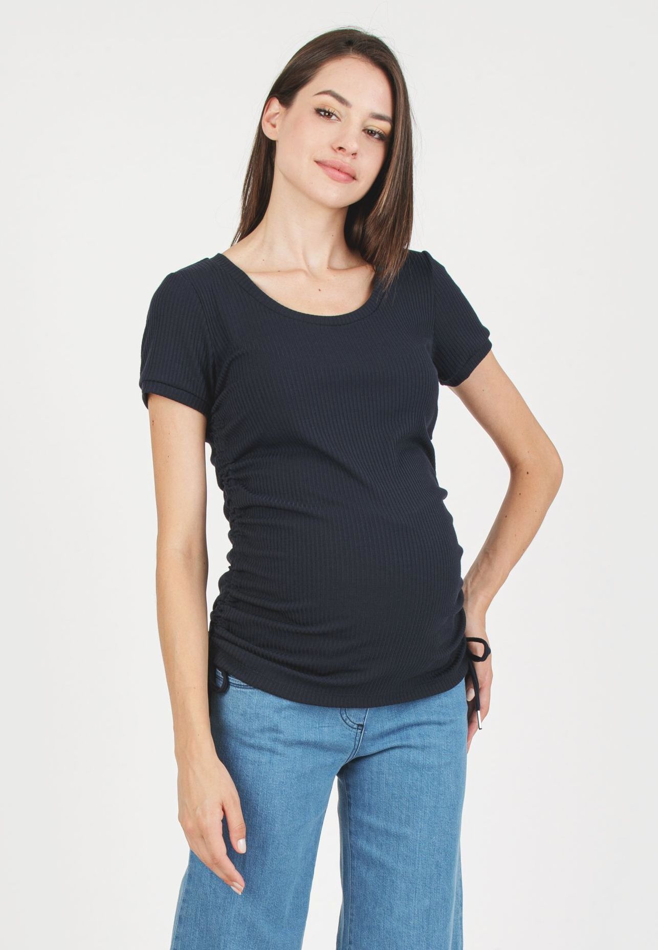 GIULIA M - Maglietta Premaman in Costina con Coulisse Laterali (Blu, XS)