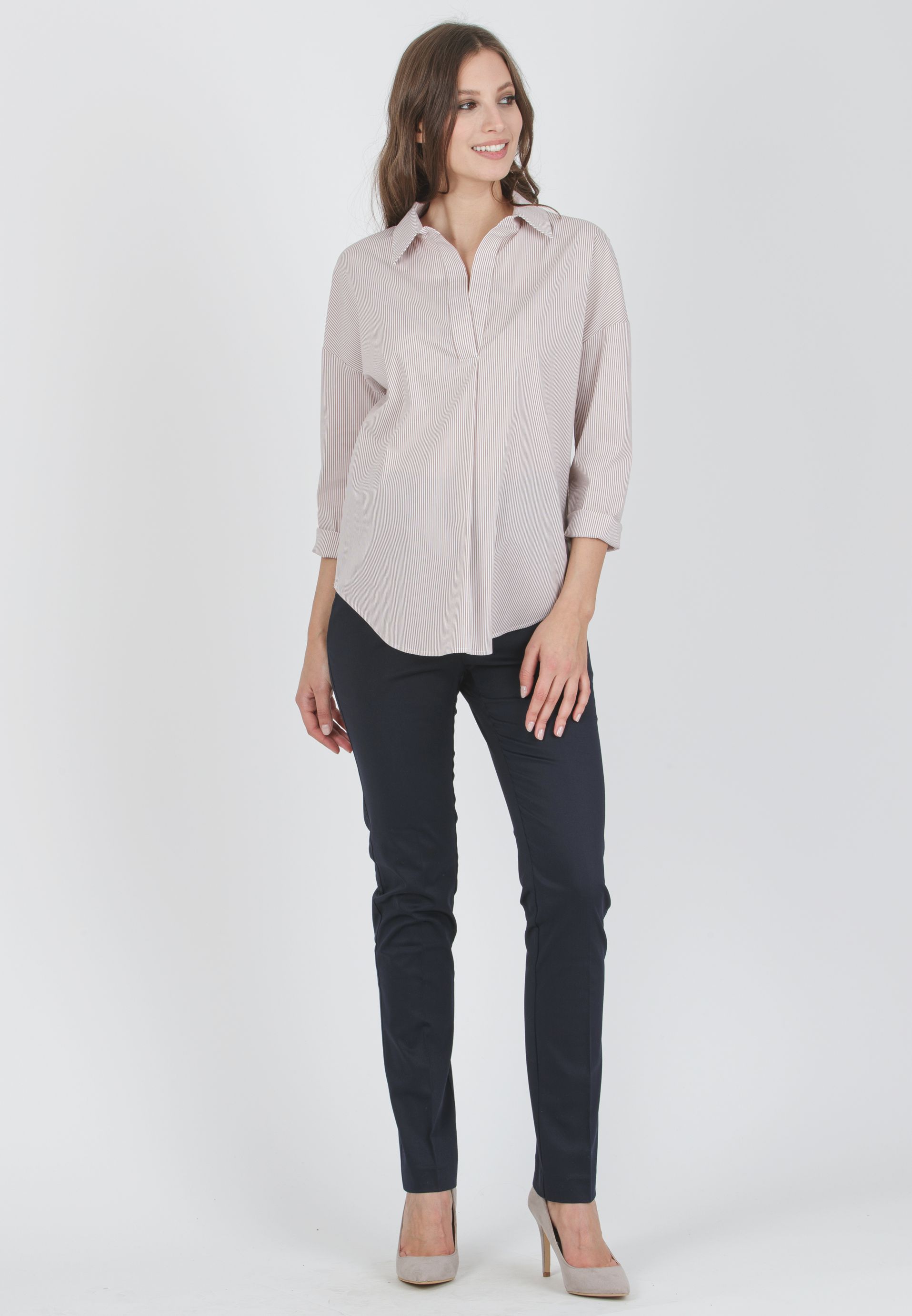 OLIVIA R - Striped Oversized Maternity Shirt in Stretch Cotton Poplin (Beige, XS)