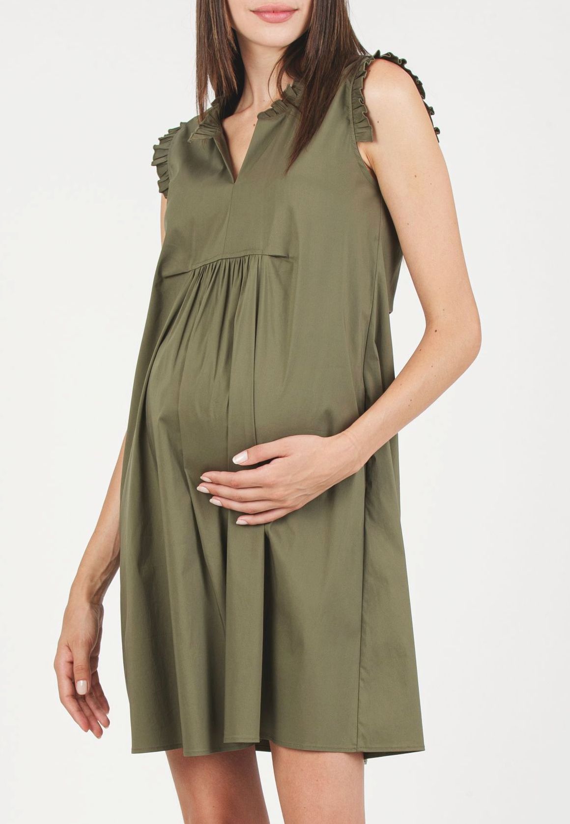 SOFIA - Abito Premaman in Cotone Stretch con Rouches (Verde Militare, XS)