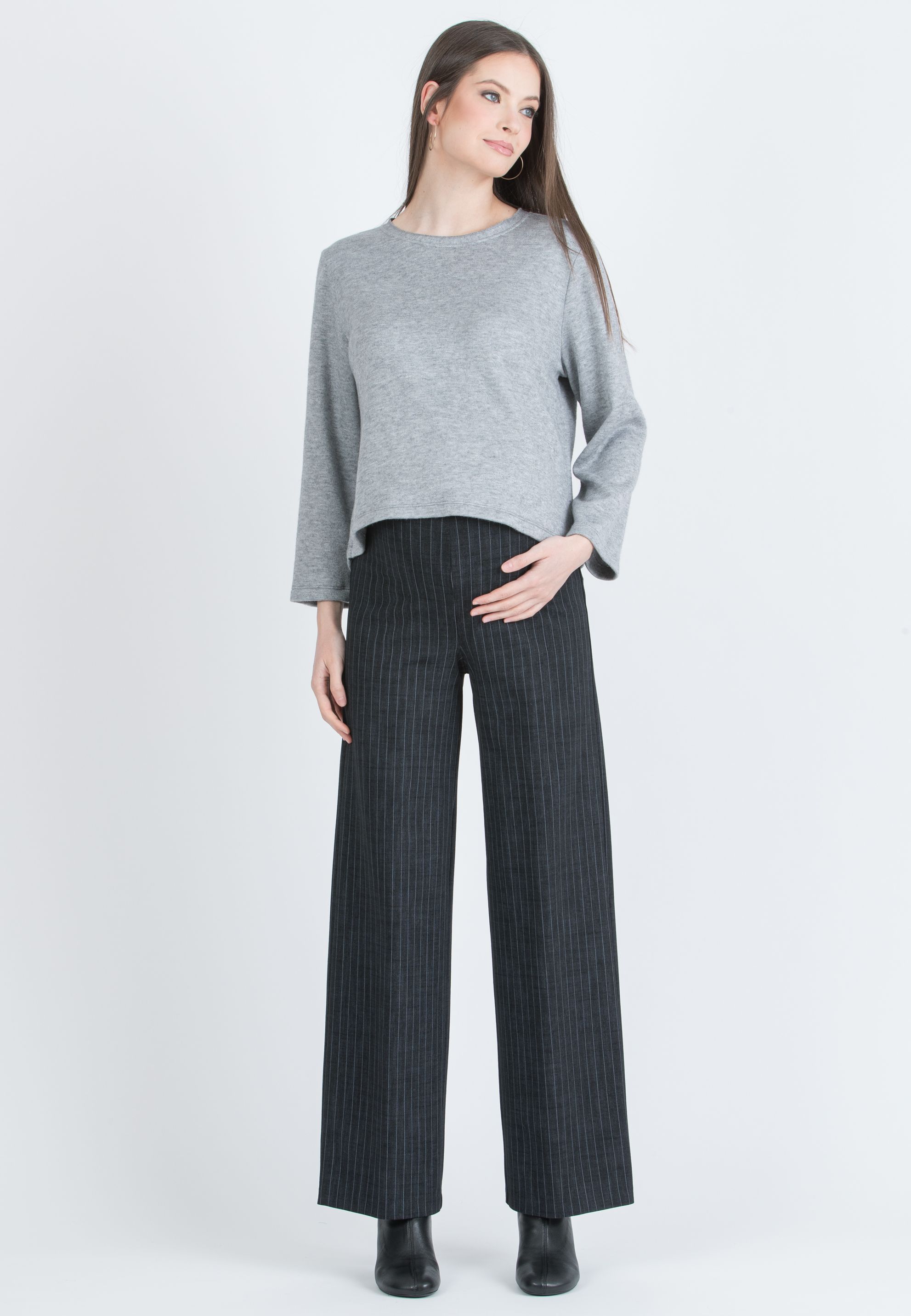 KIMBERLY G - Pantalone Premaman Palazzo in Punto Milano Invernale Gessato (Nero)