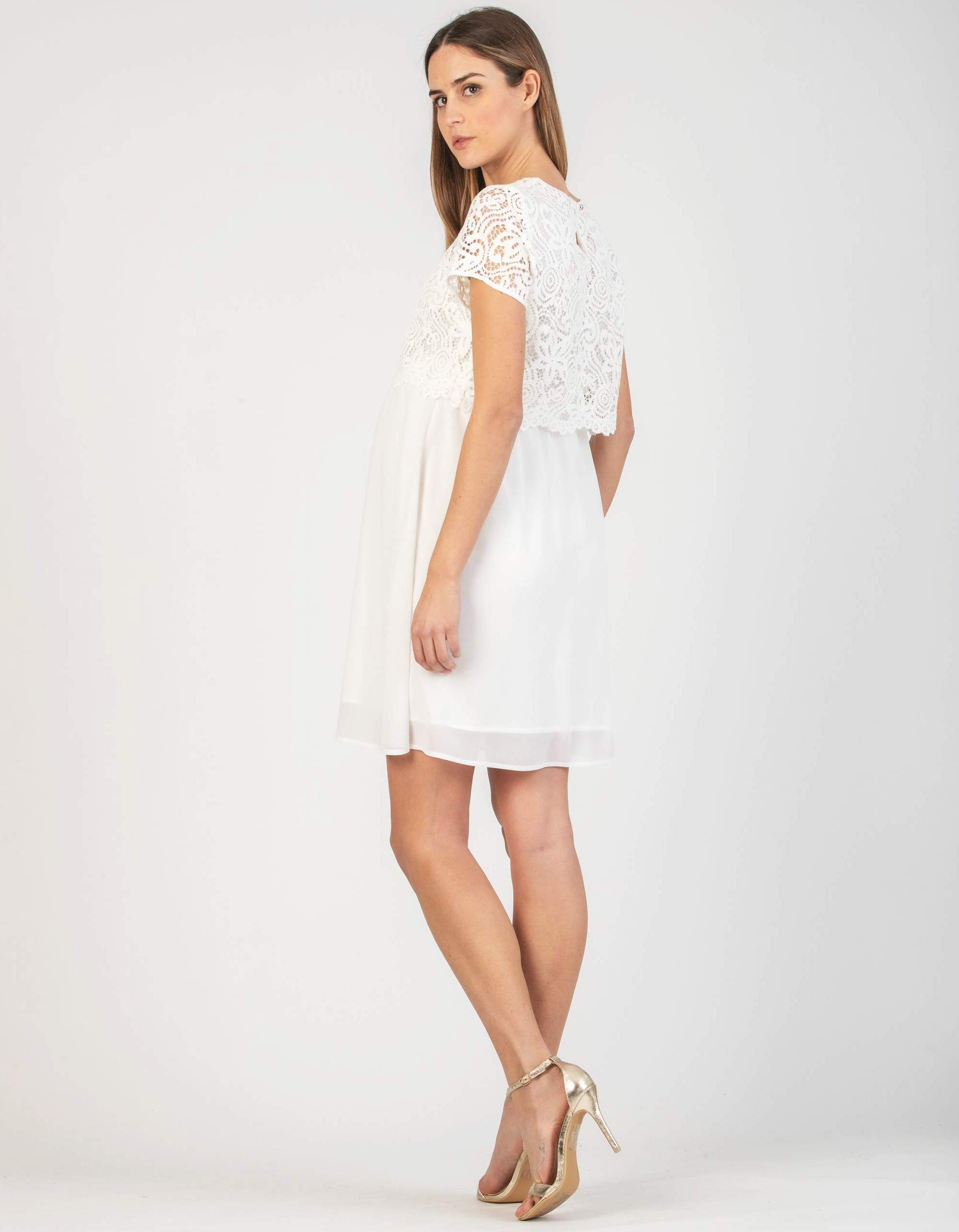 ELEONORA M/M GRS - Maternity & Nursing Dress in Lace and Recycled Chiffon (Avorio)