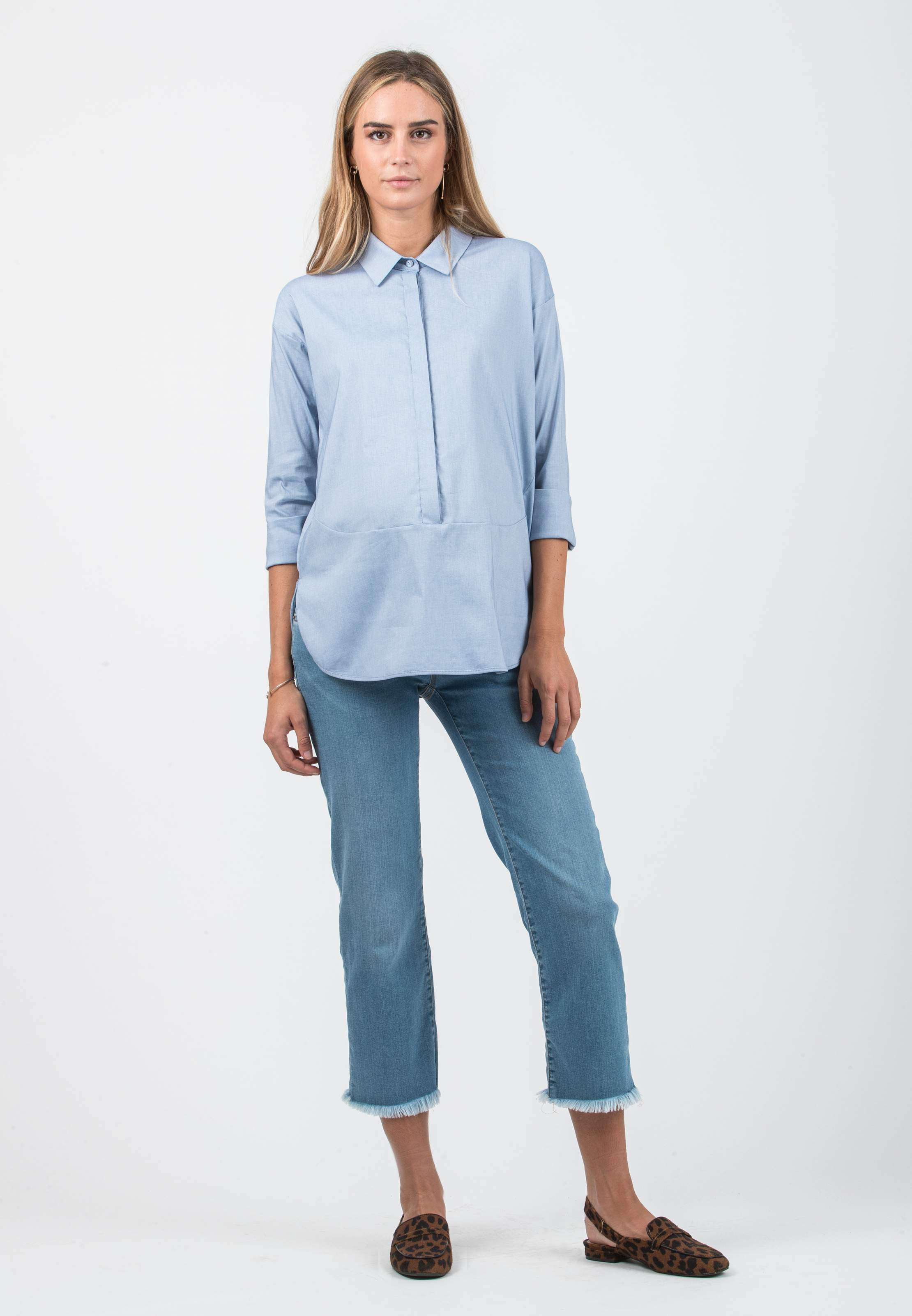BEATRICE - Camicia Premaman & Allattamento con Orli Tondeggianti (Azzurro, XS)