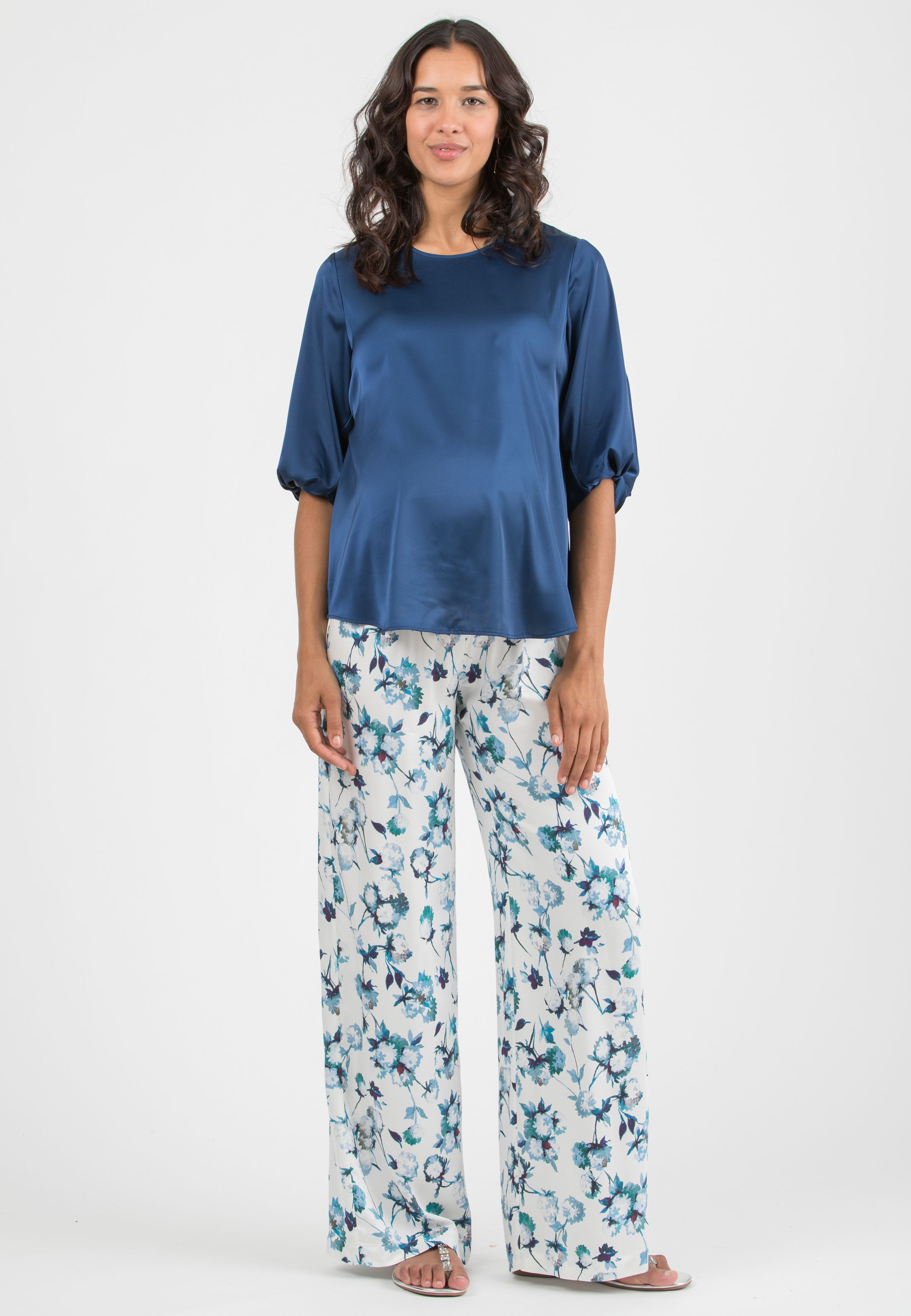 SYDNEY - Maternity Satin Blouse with Knot on Sleeve Bottom (Blu Cobalto)