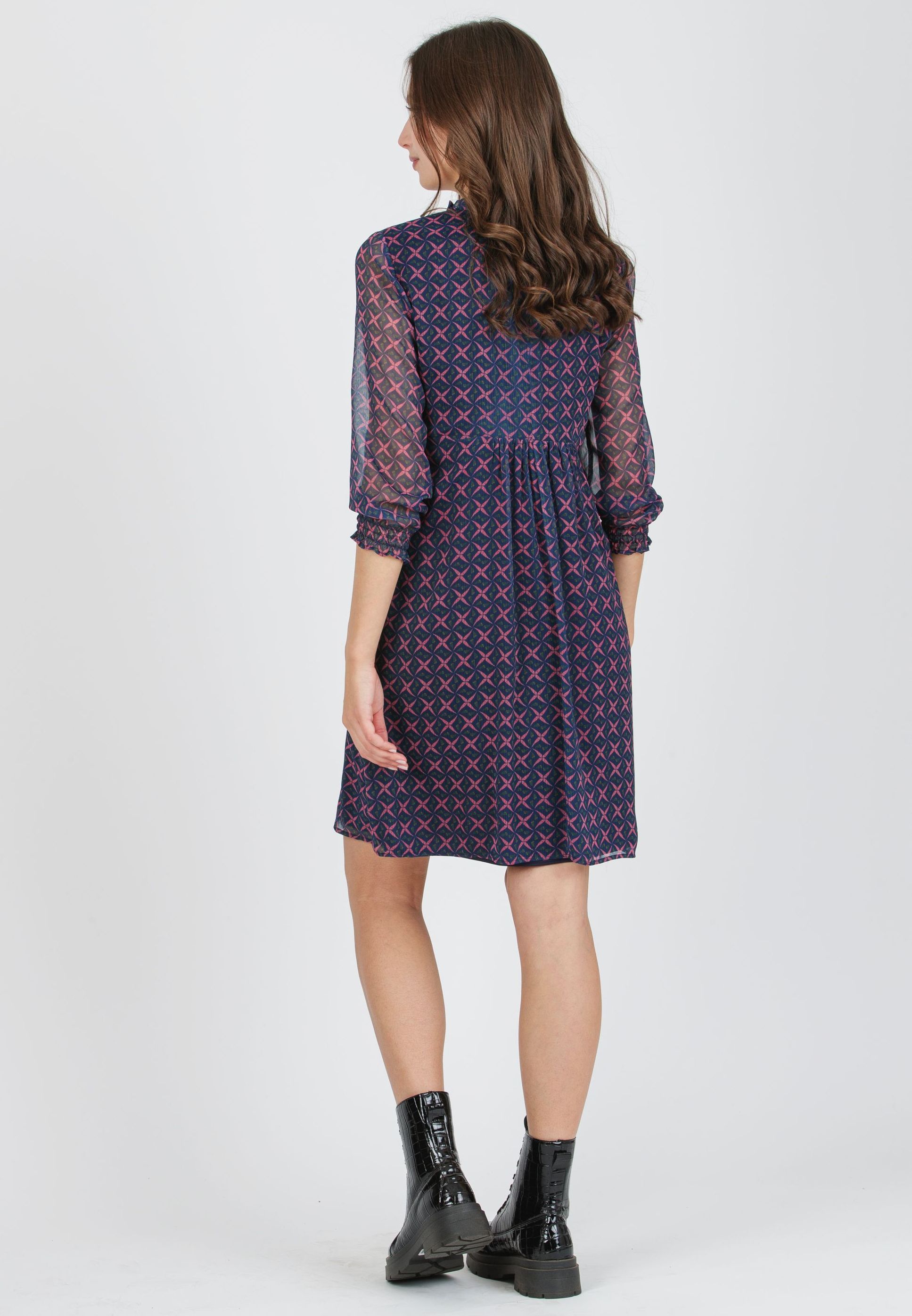 DIANA S - Printed Chiffon Maternity & Nursing Dress with Ruffle Trims on the Neck (Blue, XS)