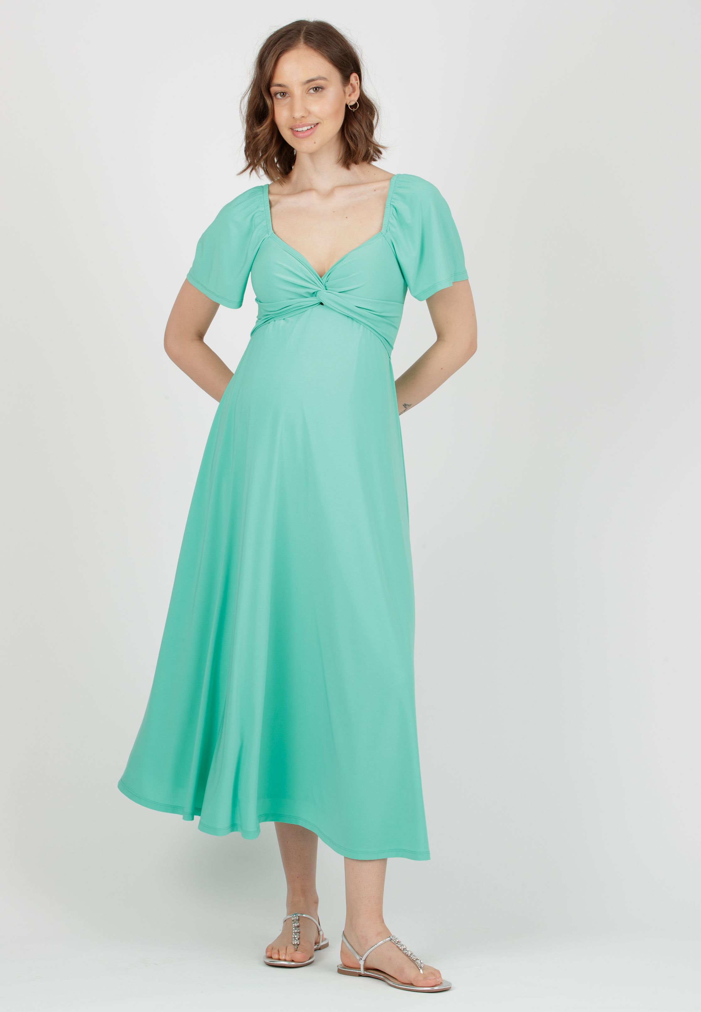 ESTELLE - Maternity & Nursing Dress with Sweetheart Neckline and Flared Midi Skirt (Verde Chiaro)