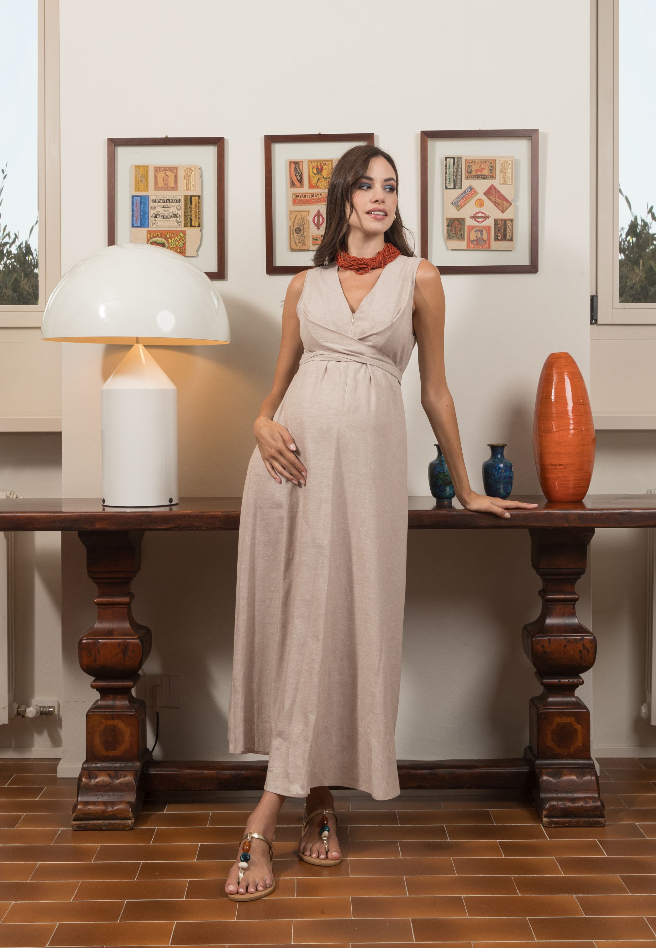 ANNALISA - Abito Premaman & Allattamento in Lino con Fusciacche incrociate (Ecru')