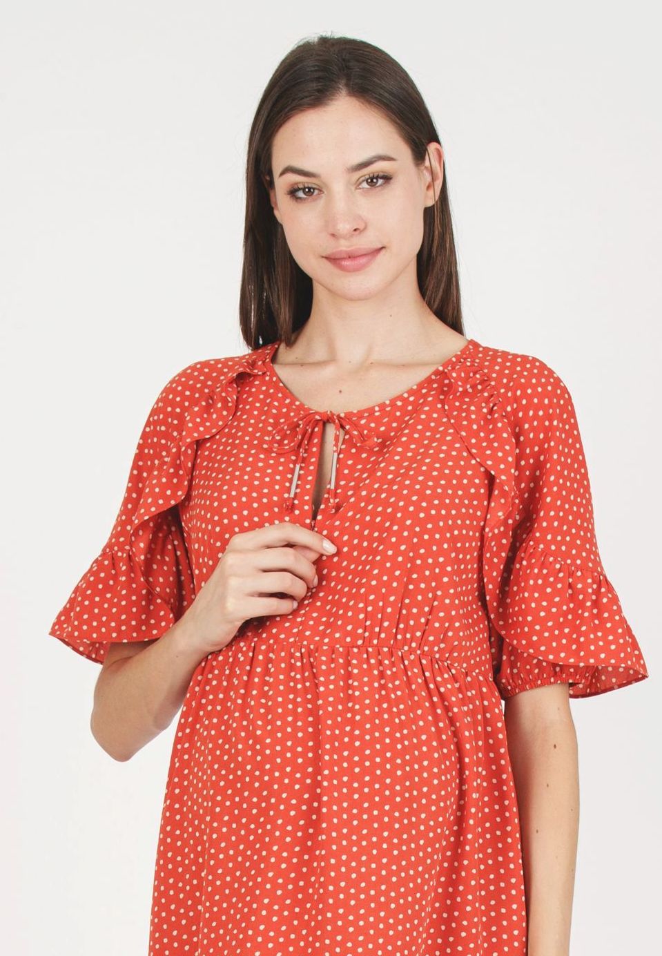 TINA - Abito Premaman & Allattamento con Volant sulle Maniche e Gonna a Balze (Rosso Mattone, XS)