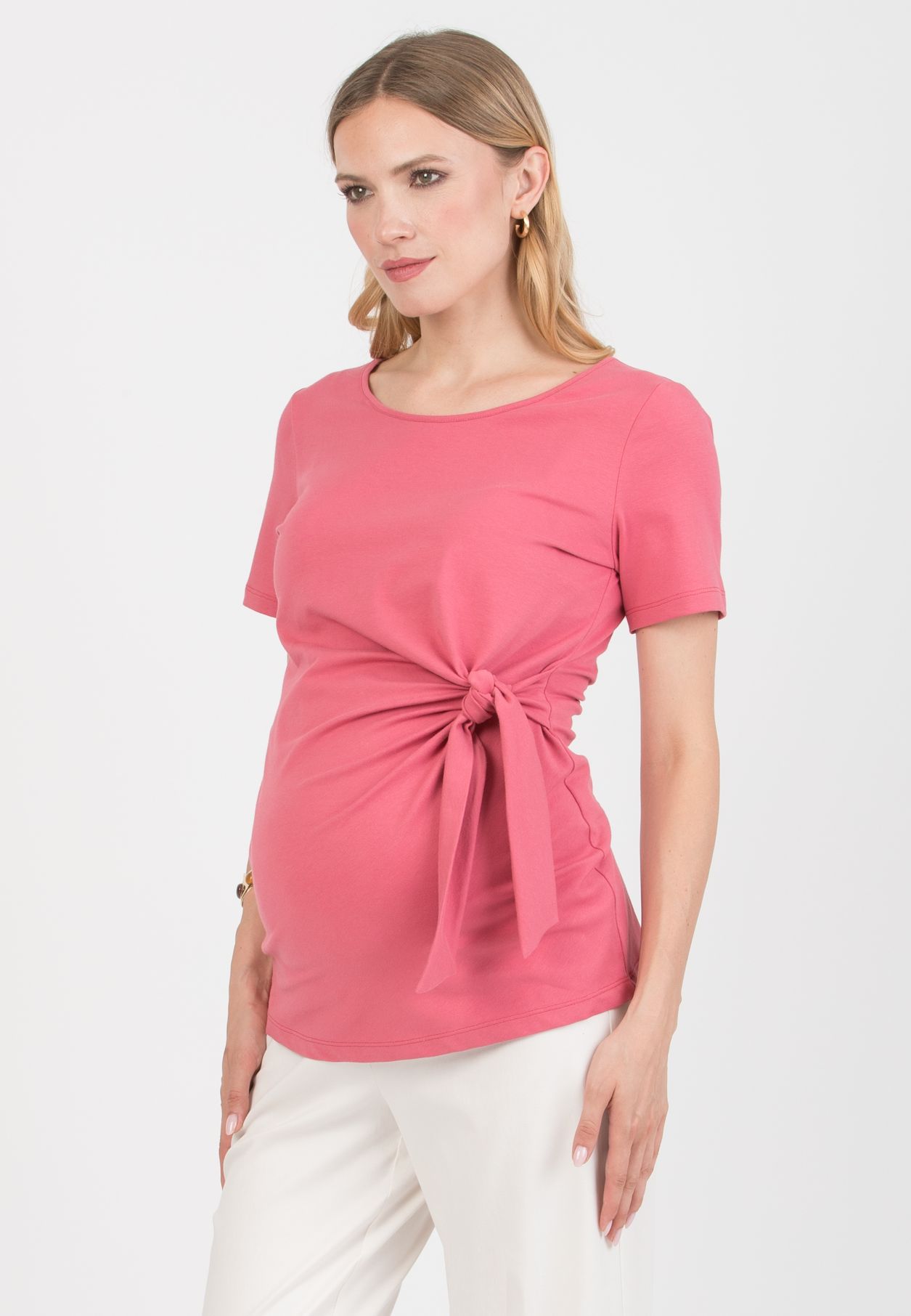 KAREN M - T-Shirt Premaman in Jersey di Cotone con Nodo Laterale (Fragola, XS)