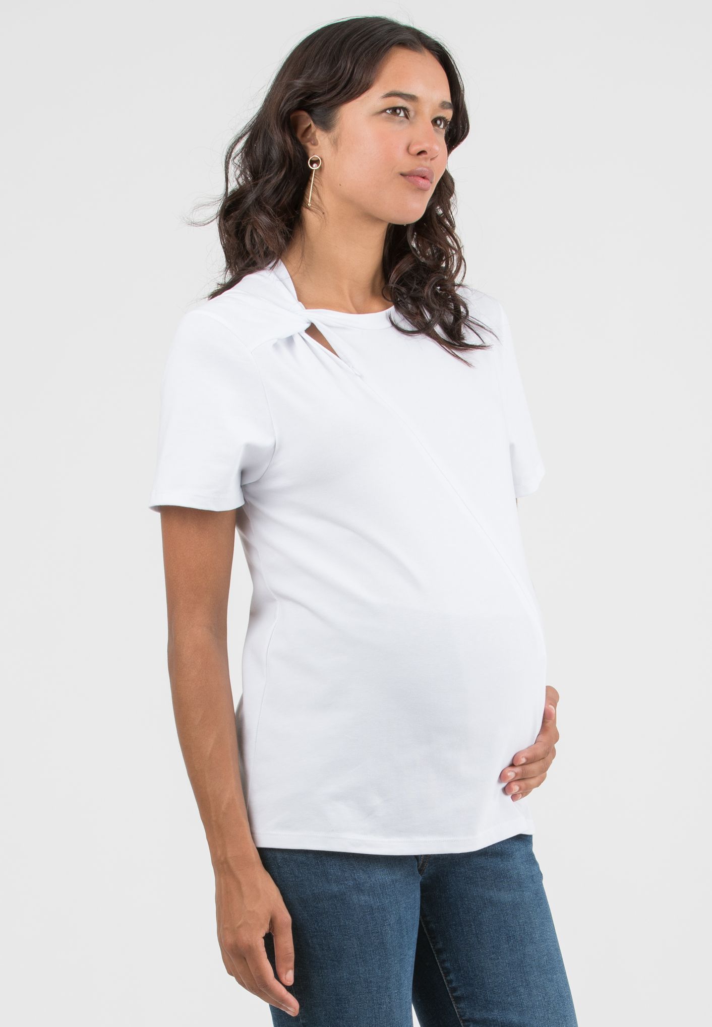 LINDSAY - Maternity Cotton Jersey T-Shirt with Side Knot and Nursing Zip (Bianco  Ottico)