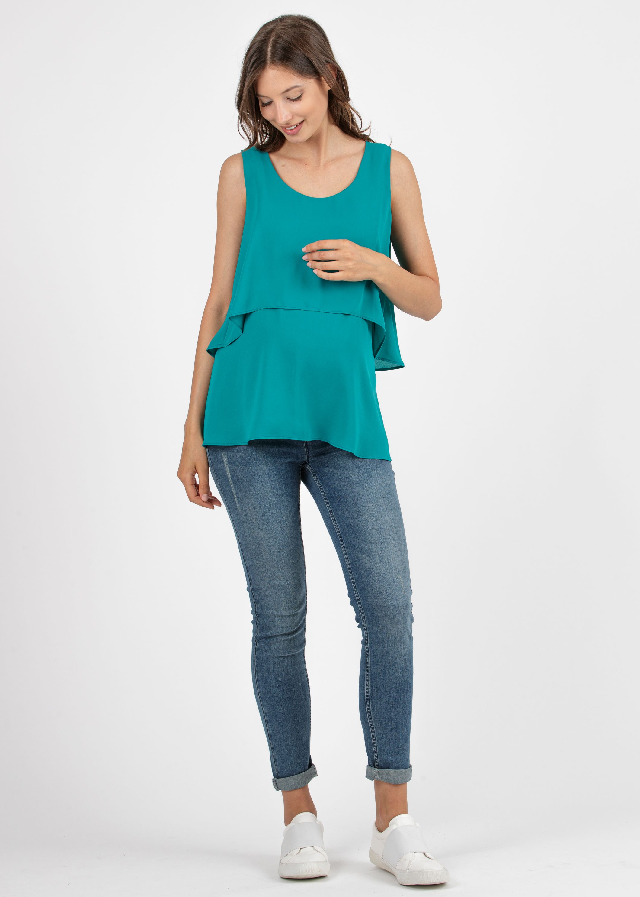 Canotta Premaman & Allattamento in Chiffon con Corpino Svasato (Smeraldo, XS)