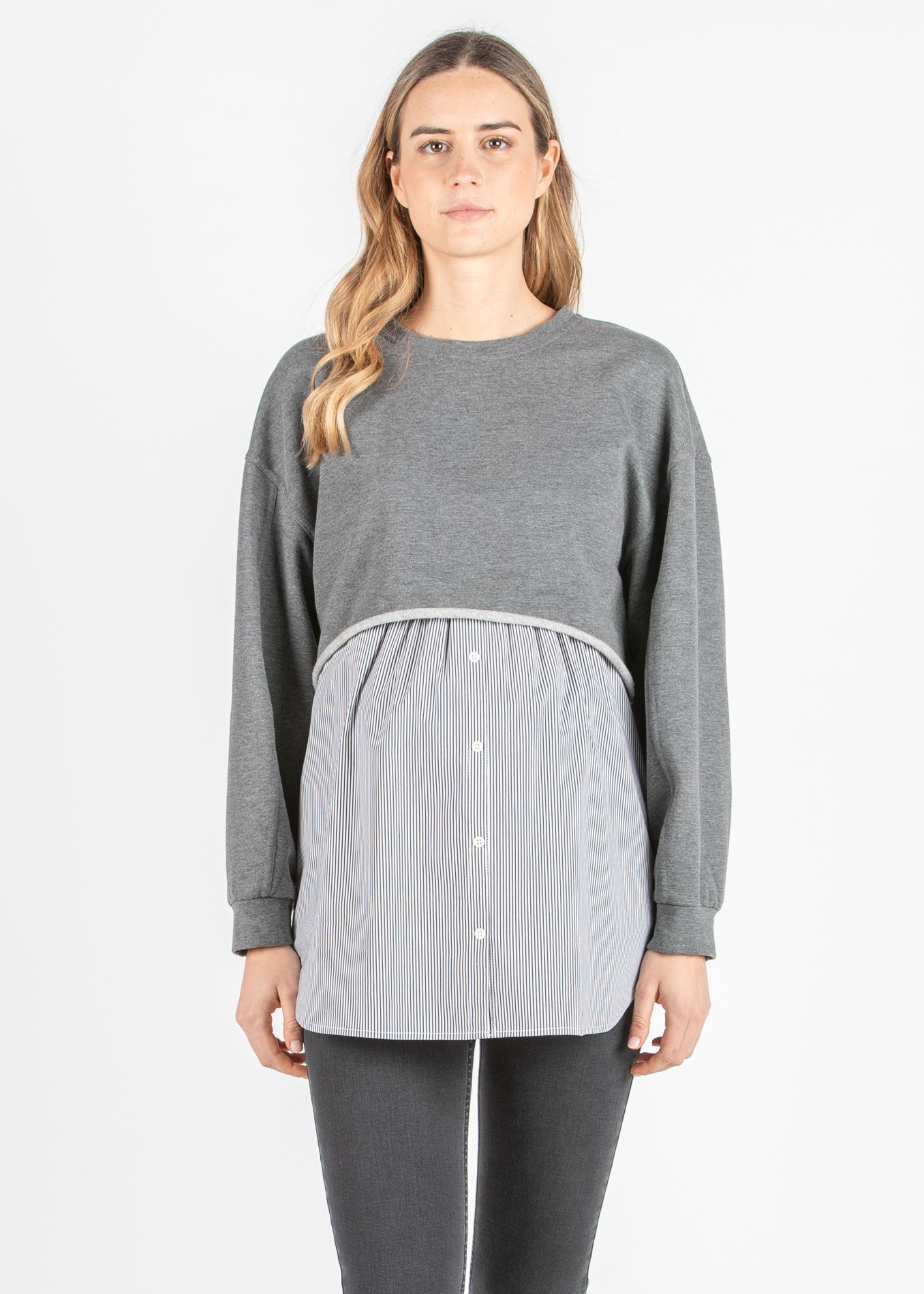 Striped Crossover Maternity & Nursing Top with Flounce in Poplin (Nero)