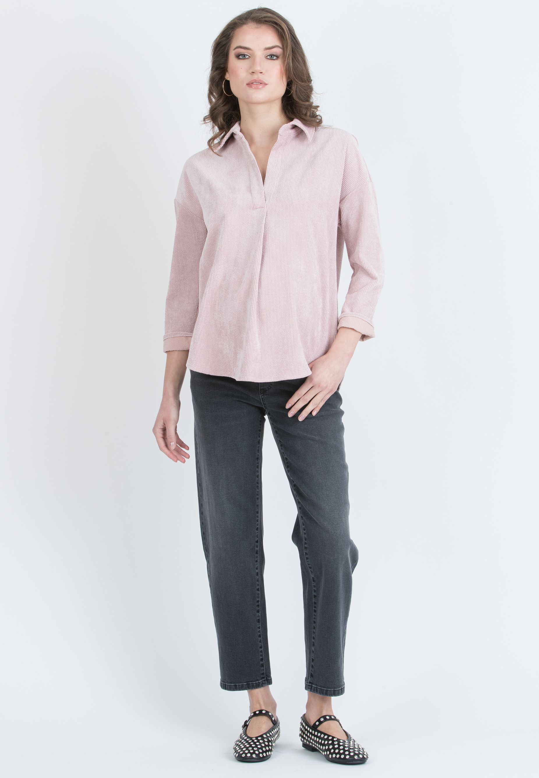 OLIVIA V - Camicia Over Premaman in Velluto a Coste Larghe (Rosa)