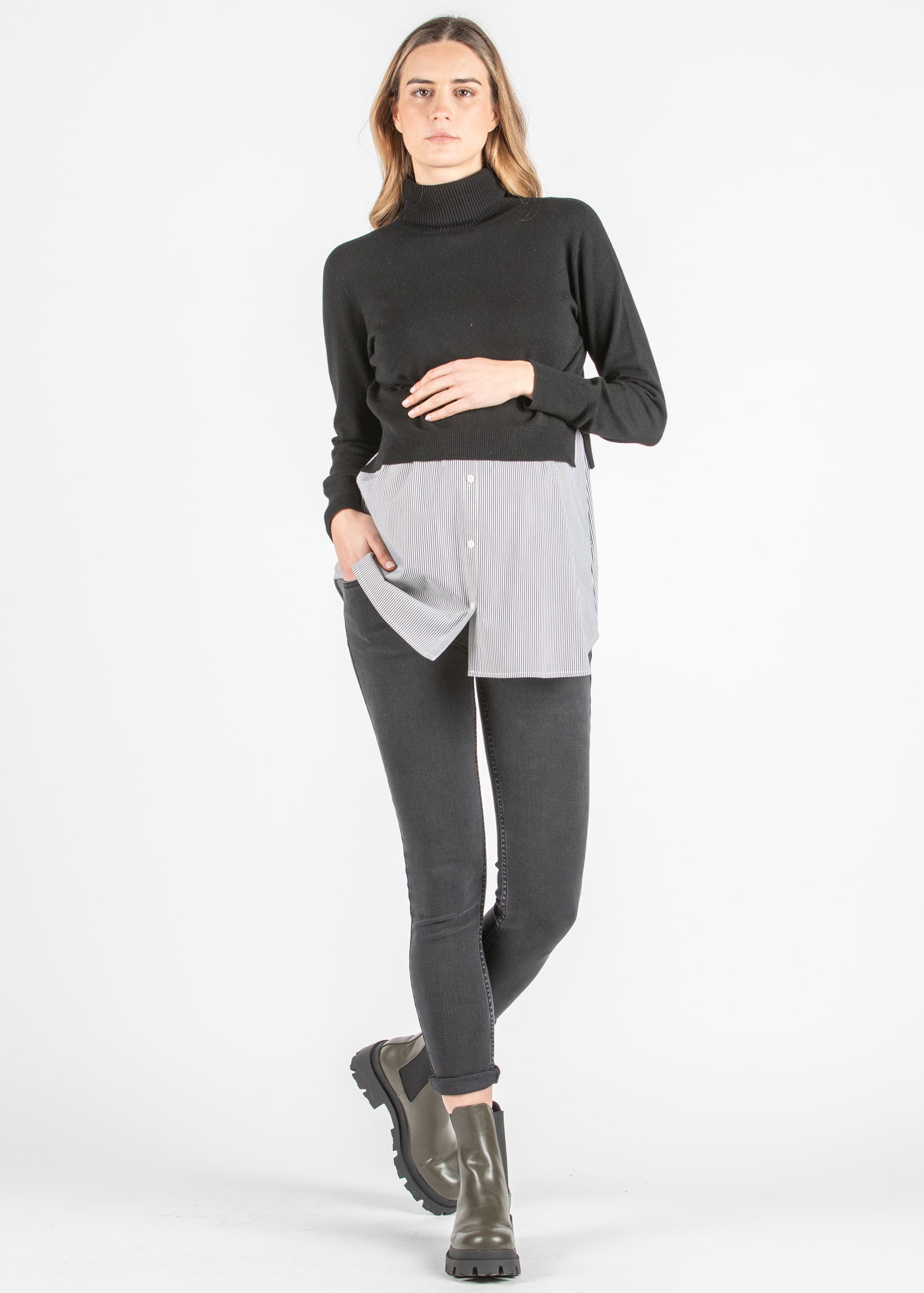 GIANNA R - Maglioncino Premaman & Allattamento con Collo Alto e Top a Righe Abbinato (Nero, XS)