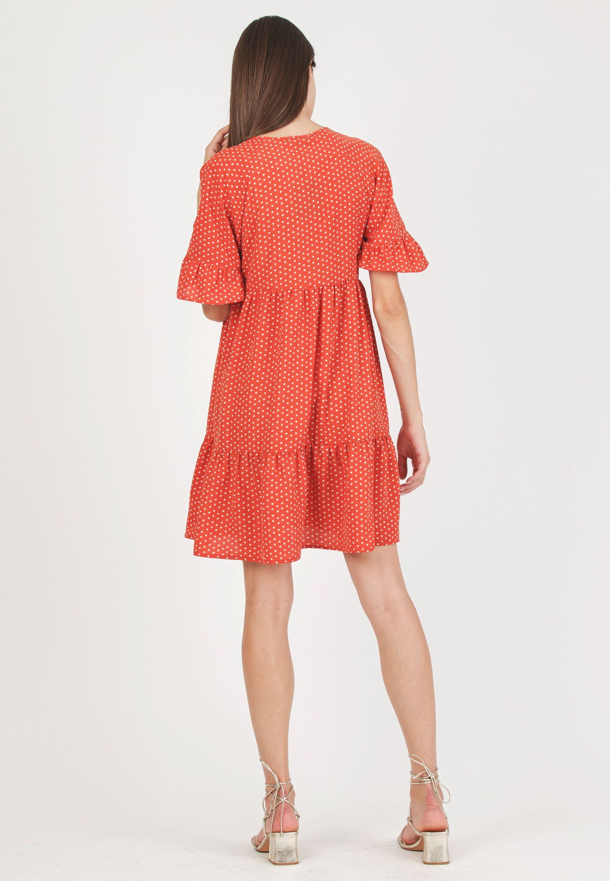 TINA - Abito Premaman & Allattamento con Volant sulle Maniche e Gonna a Balze (Rosso Mattone, XS)