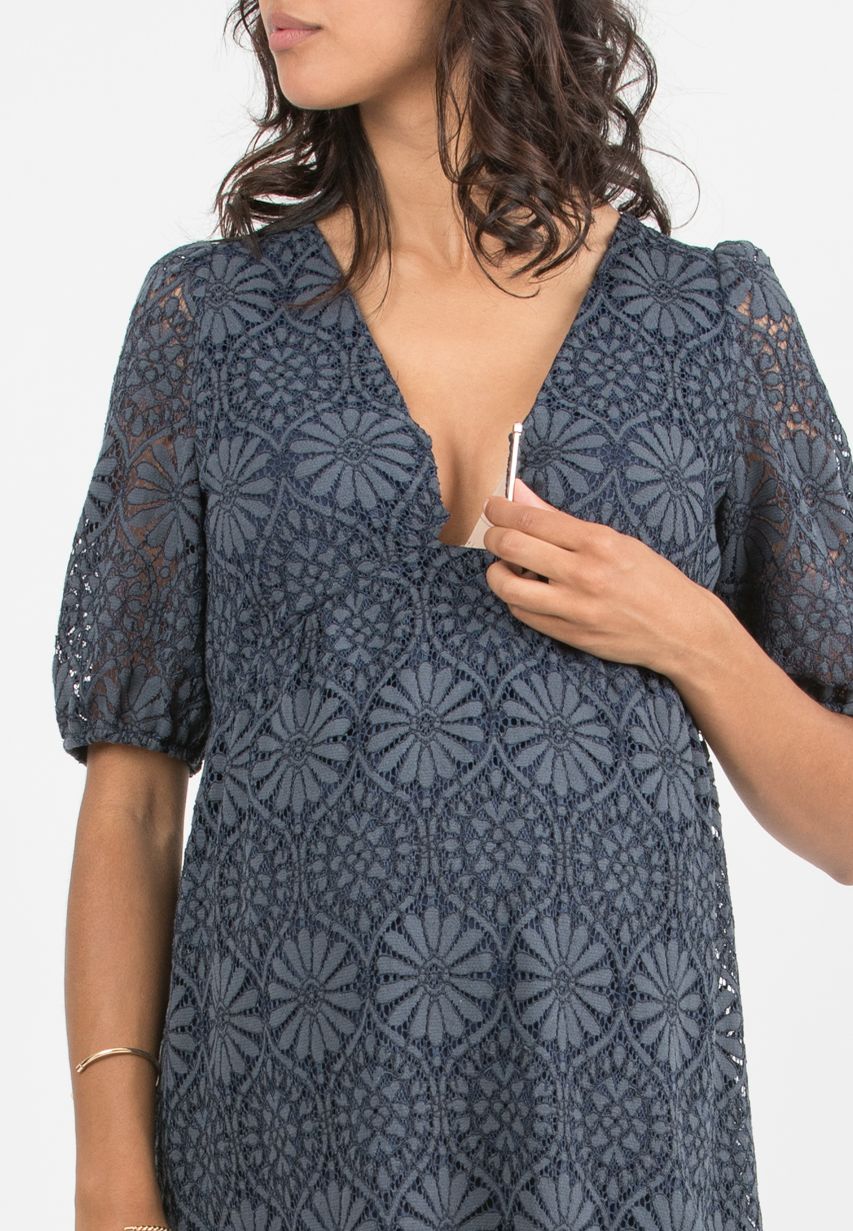ELISABETTA – Abito Premaman e Allattamento in Pizzo (Blu, XS)