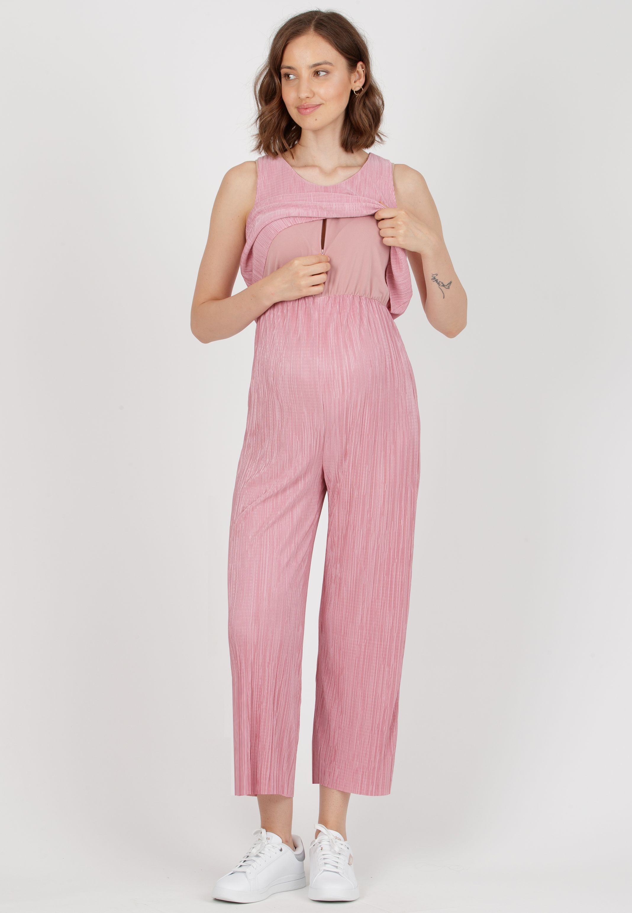 LIVIA - Tuta Premaman & Allattamento Plissè con Corpino Svasato (Rosa, XS)