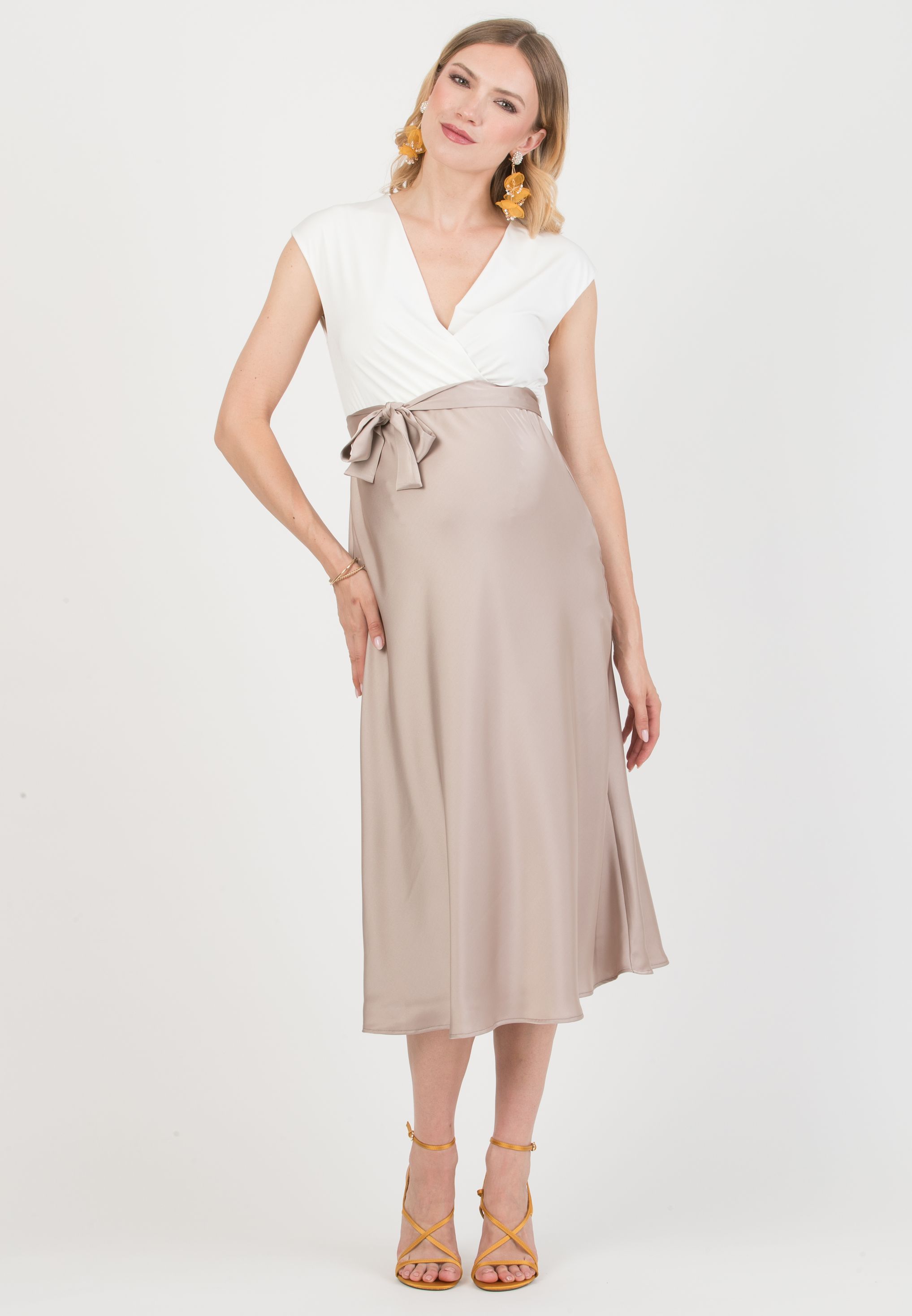 DILETTA – Maternity & Nursing Dress with Crossover Bodice and Satin Skirt (Corda)