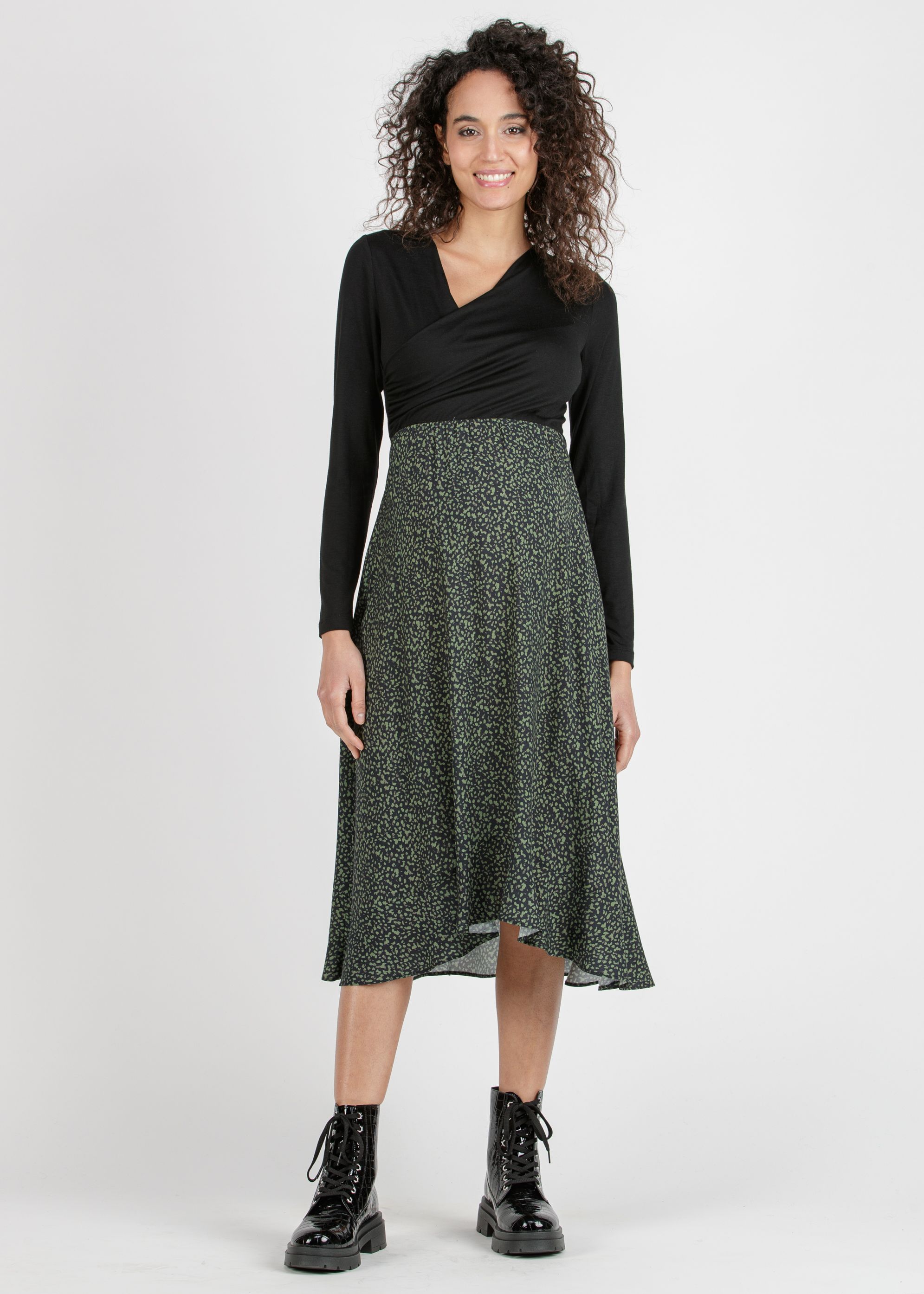 MARTA M/L - Abito Midi Premaman & Allattamento con Gonna Stampata (Verde Militare, XS)