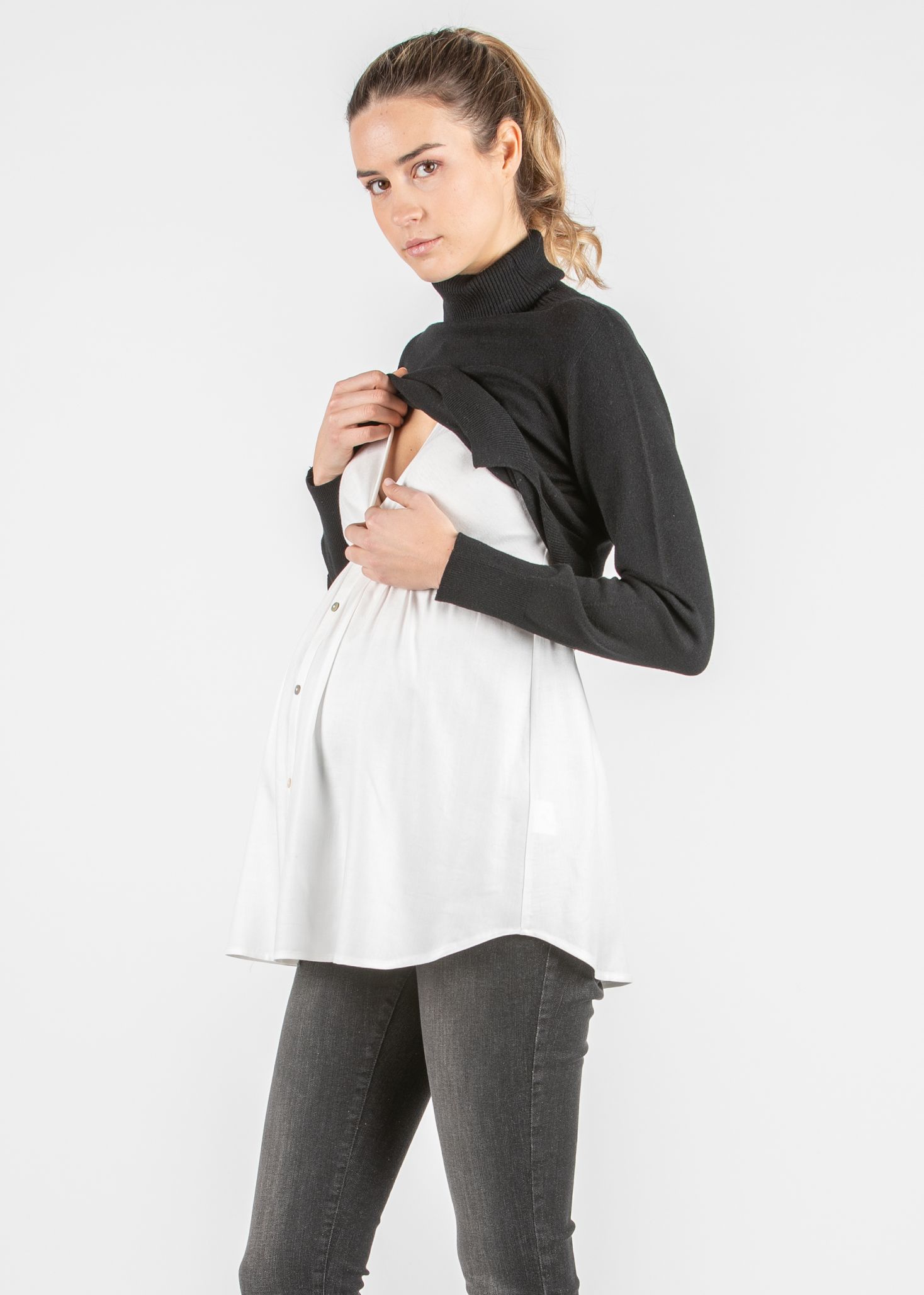 GIANNA - Maglioncino Premaman & Allattamento con Collo Alto e Top in Viscosa Abbinato (Nero, XS)