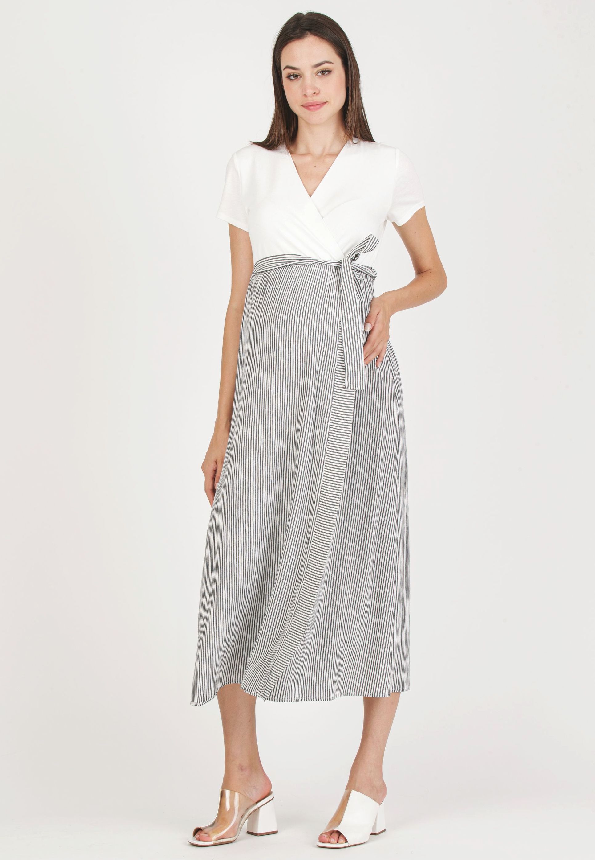FEDERICA R - Maternity & Nursing Dress with Crossed Bodice and Striped Skirt (Black, XS)